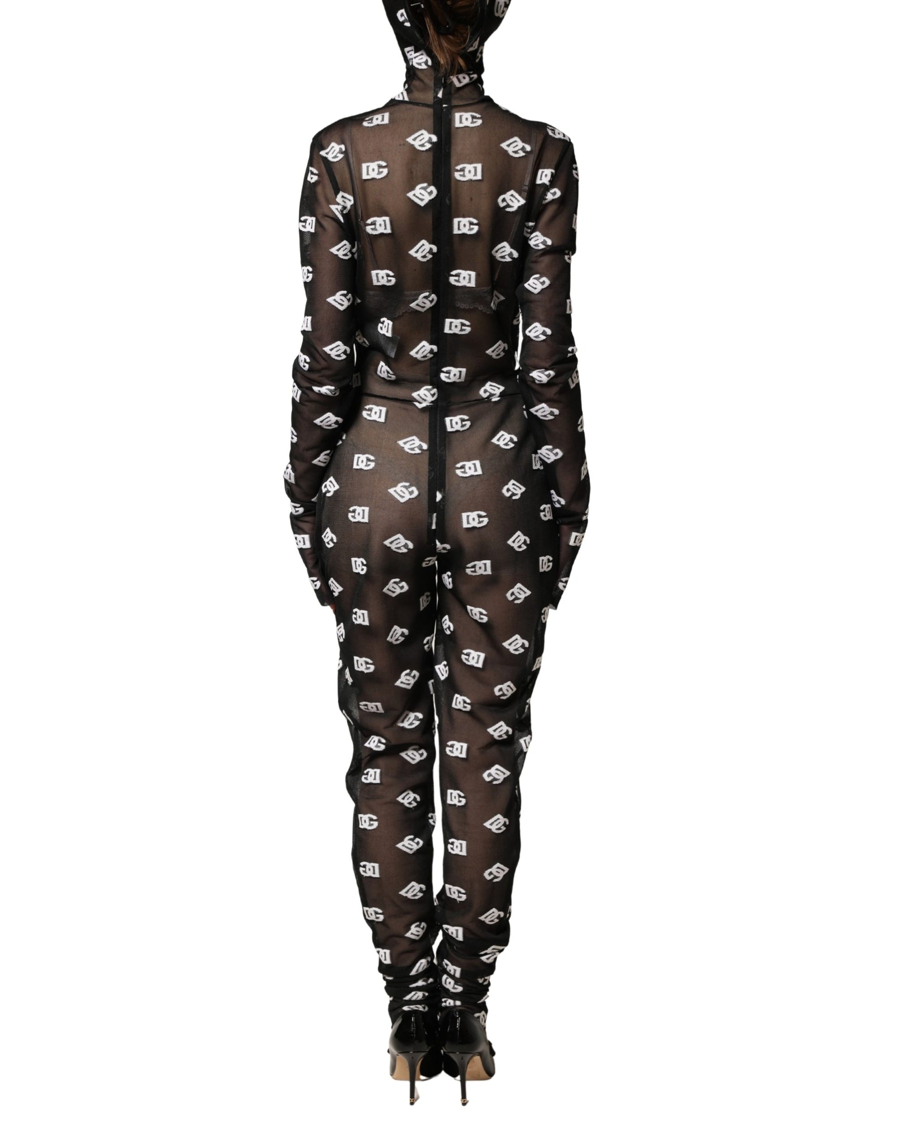 Dolce & Gabbana Black White Logo Print Hooded Jumpsuit Dress | Regal Royce
