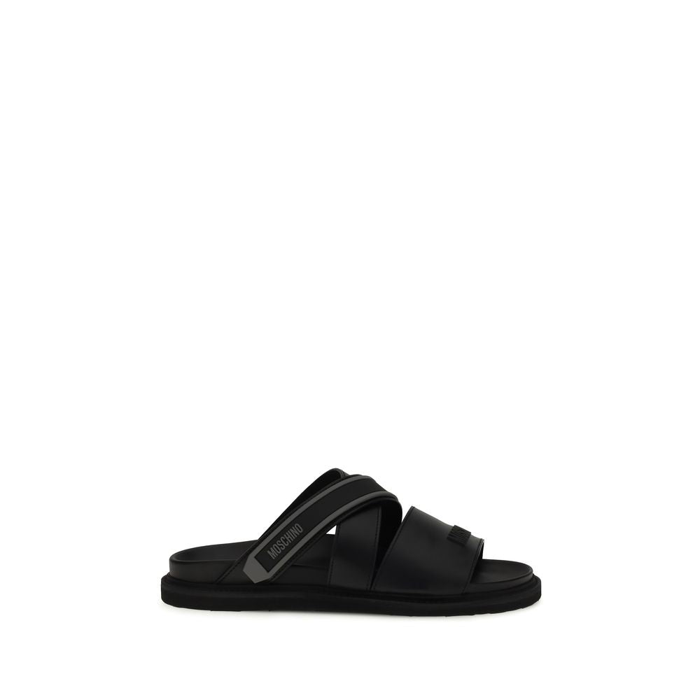Moschino Black Calf Leather Bos Taurus Flat Sandals | Regal Royce