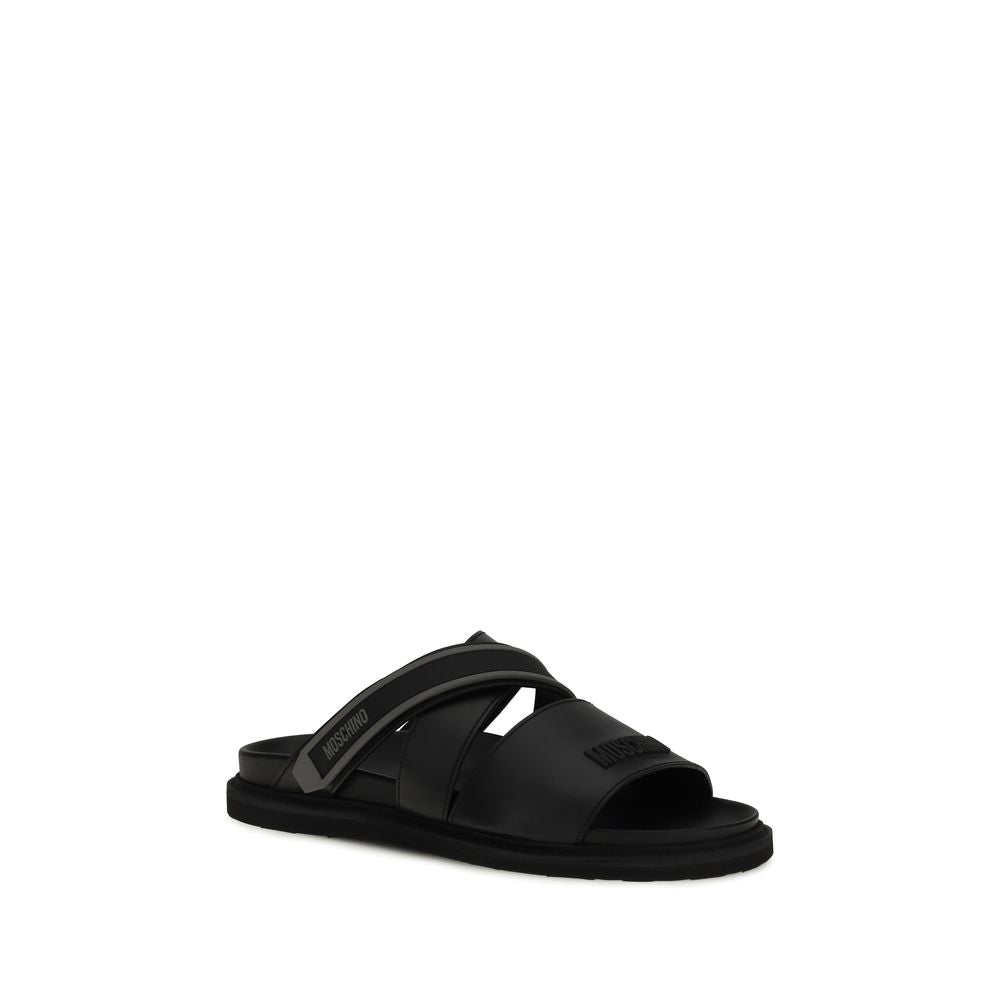 Moschino Black Calf Leather Bos Taurus Flat Sandals | Regal Royce