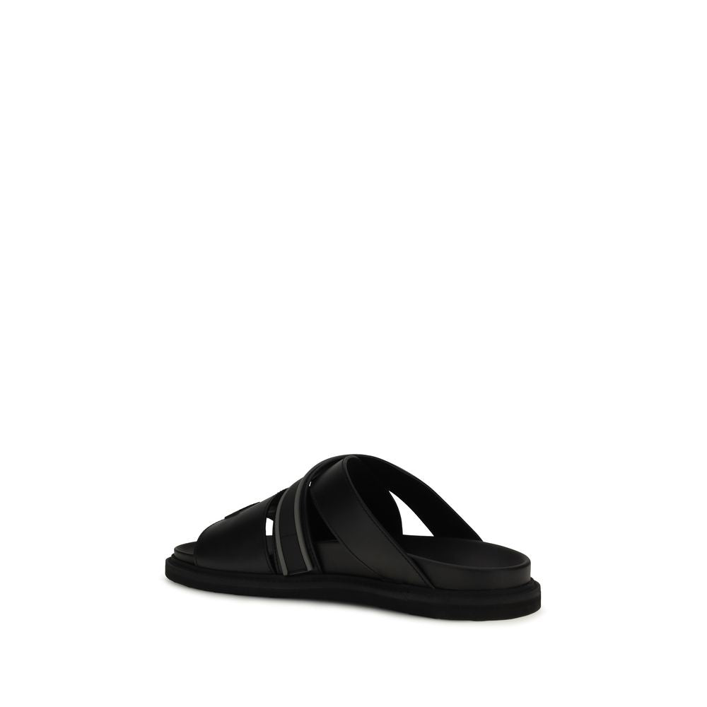 Moschino Black Calf Leather Bos Taurus Flat Sandals | Regal Royce