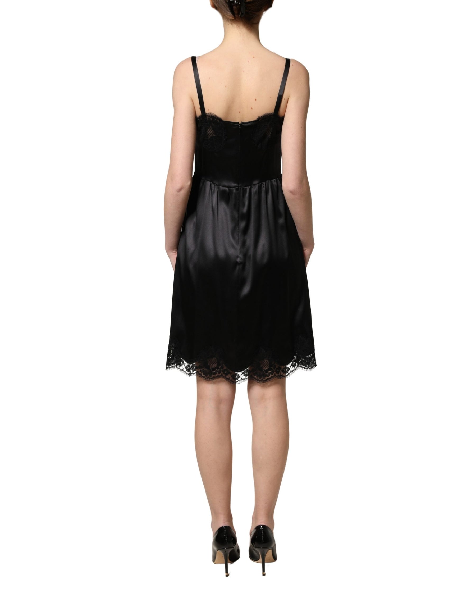Dolce & Gabbana Black Silk Satin Lace Sleeveless Mini Dress | Regal Royce