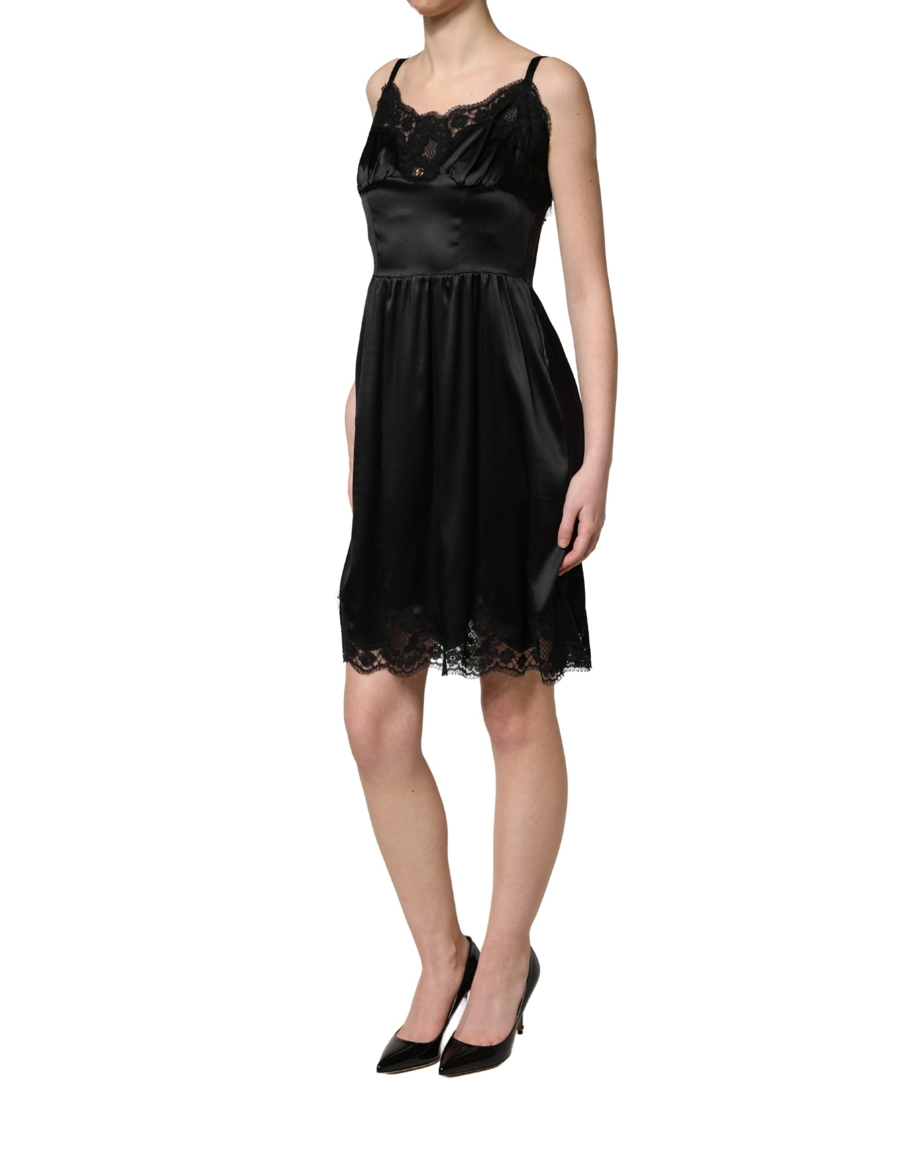 Dolce & Gabbana Black Silk Satin Lace Sleeveless Mini Dress | Regal Royce