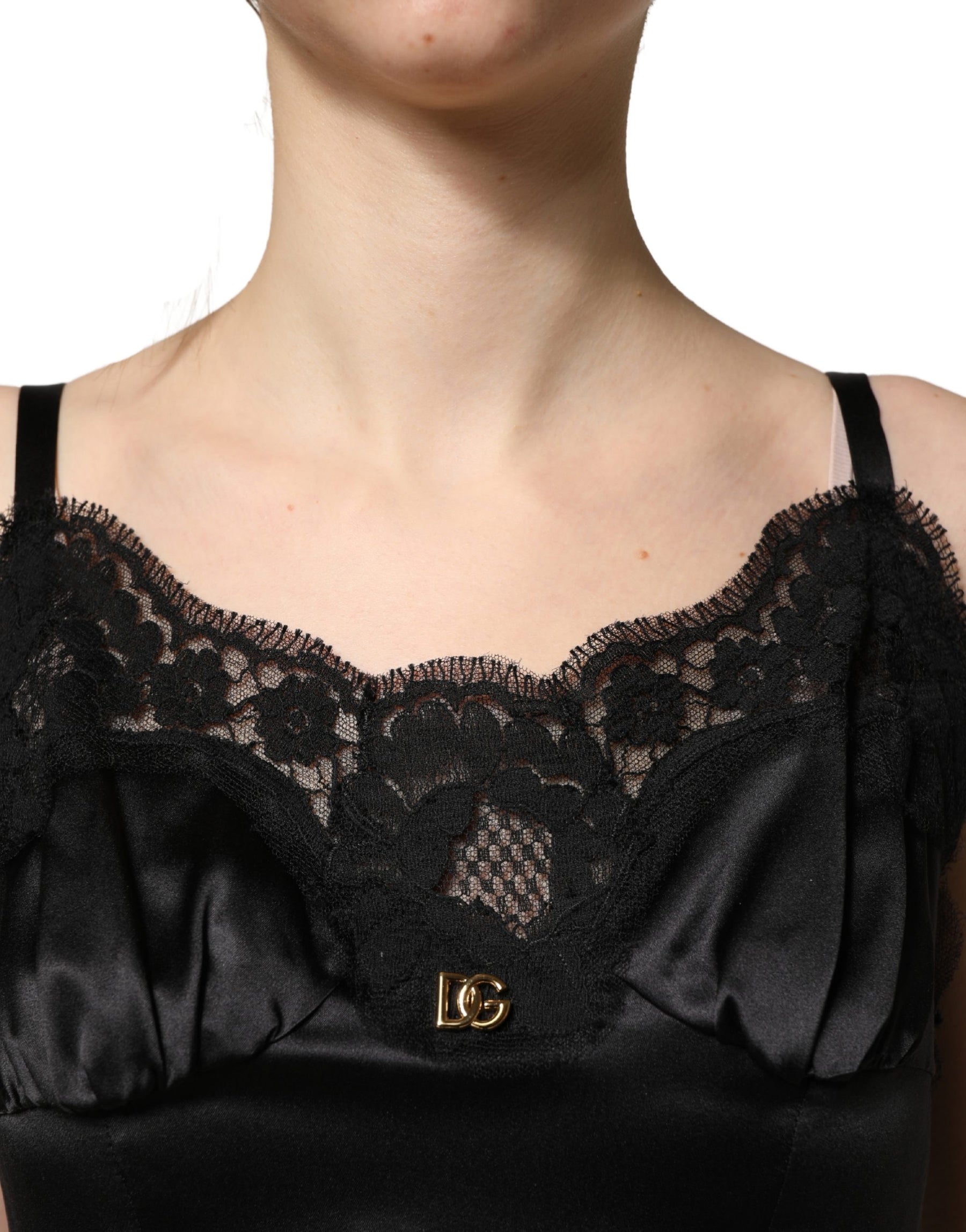 Dolce & Gabbana Black Silk Satin Lace Sleeveless Mini Dress | Regal Royce