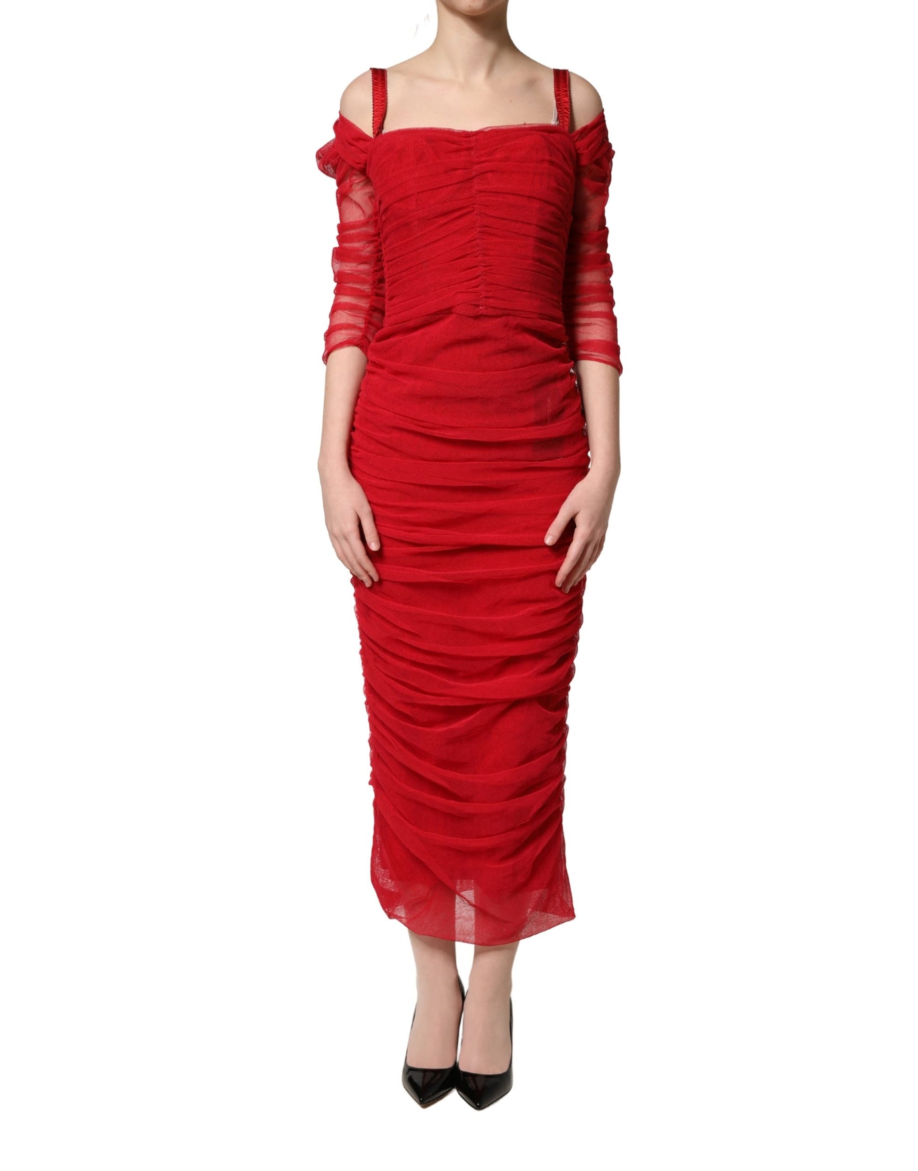 Dolce & Gabbana Red Cotton Ruched Stretch Tulle Midi Dress | Regal Royce
