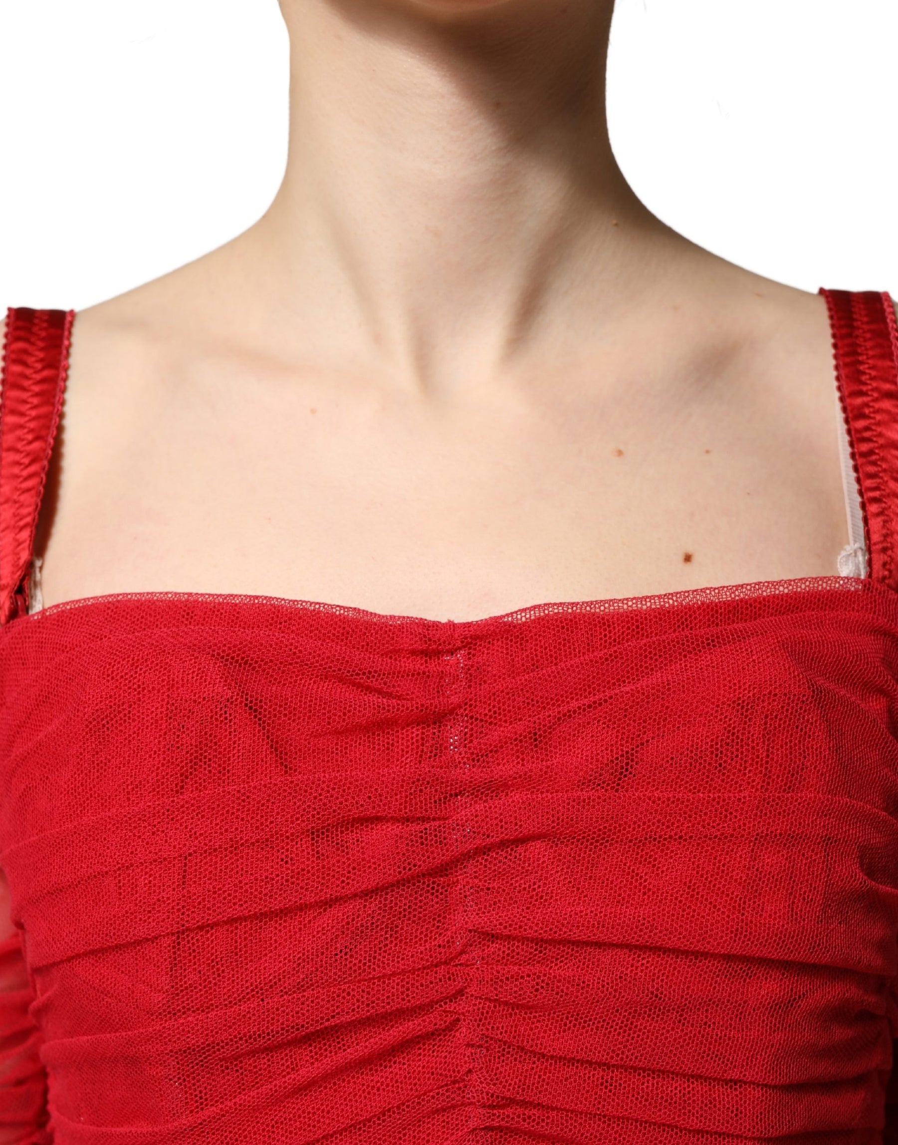 Dolce & Gabbana Red Cotton Ruched Stretch Tulle Midi Dress | Regal Royce