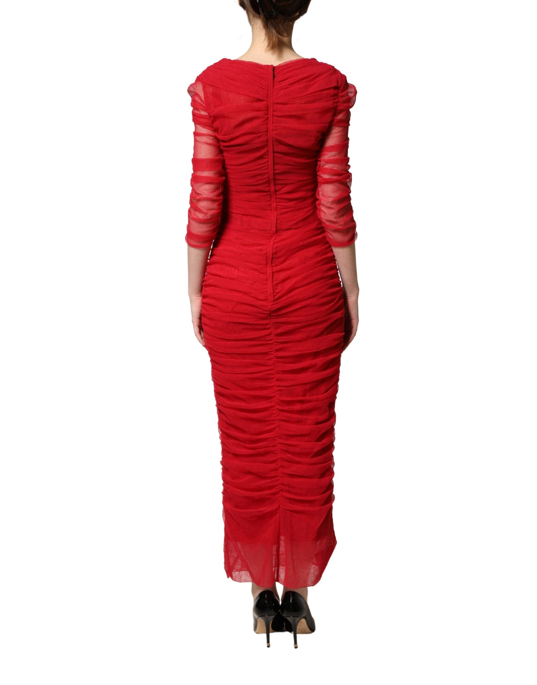 Dolce & Gabbana Red Cotton Ruched Stretch Tulle Midi Dress | Regal Royce