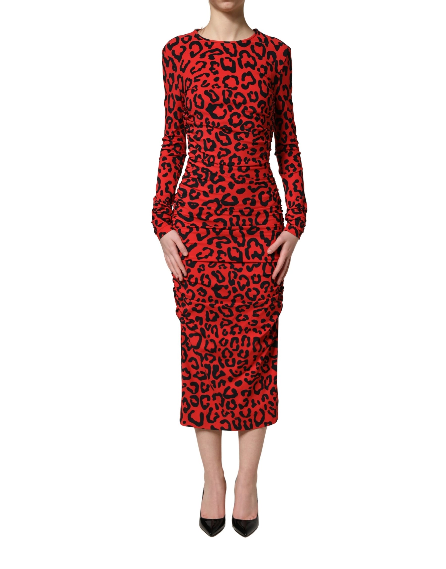 Dolce & Gabbana Red Leopard Print Long Sleeves Midi Dress | Regal Royce