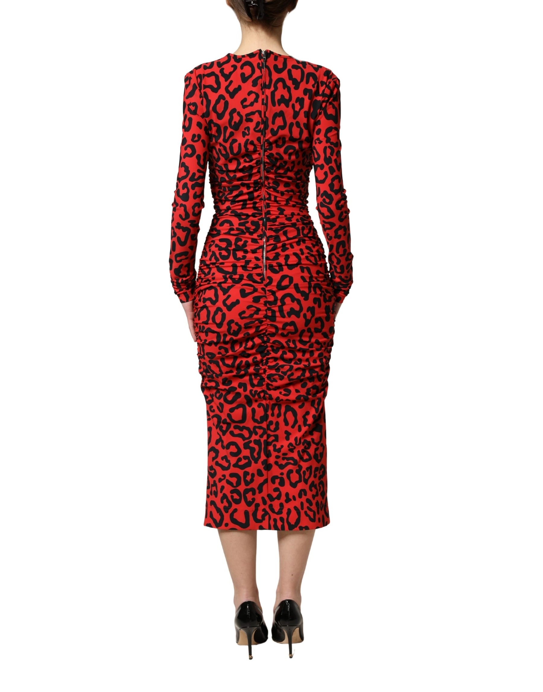 Dolce & Gabbana Red Leopard Print Long Sleeves Midi Dress | Regal Royce