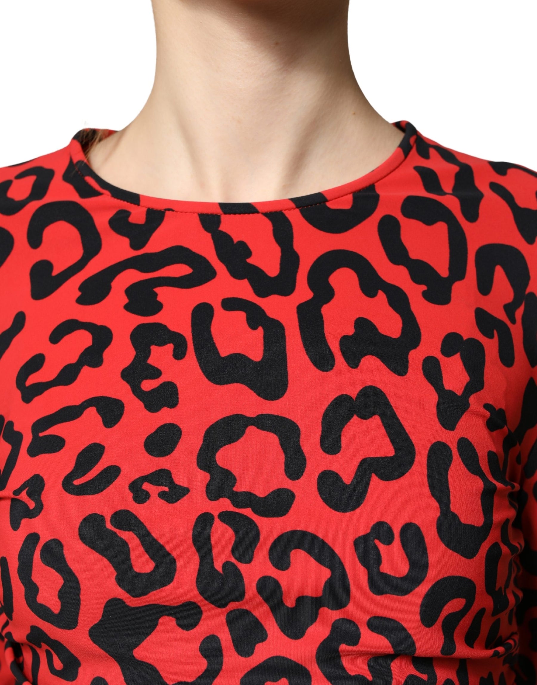 Dolce & Gabbana Red Leopard Print Long Sleeves Midi Dress | Regal Royce