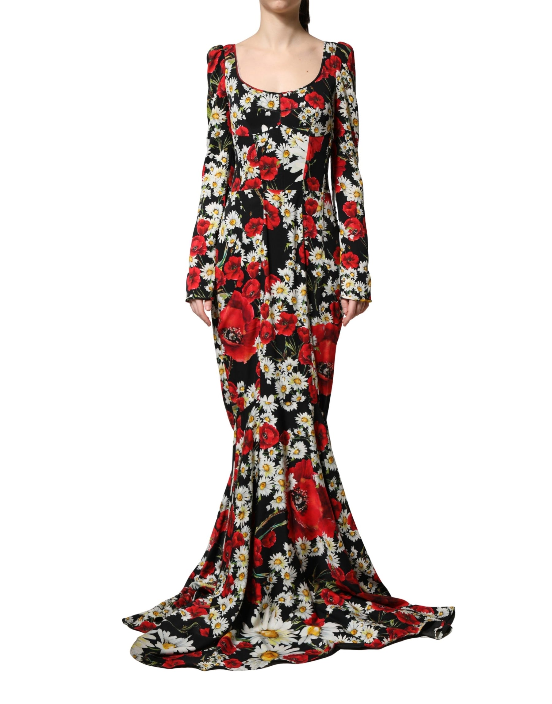 Dolce & Gabbana Black Floral Silk Long Sleeves Gown Dress | Regal Royce