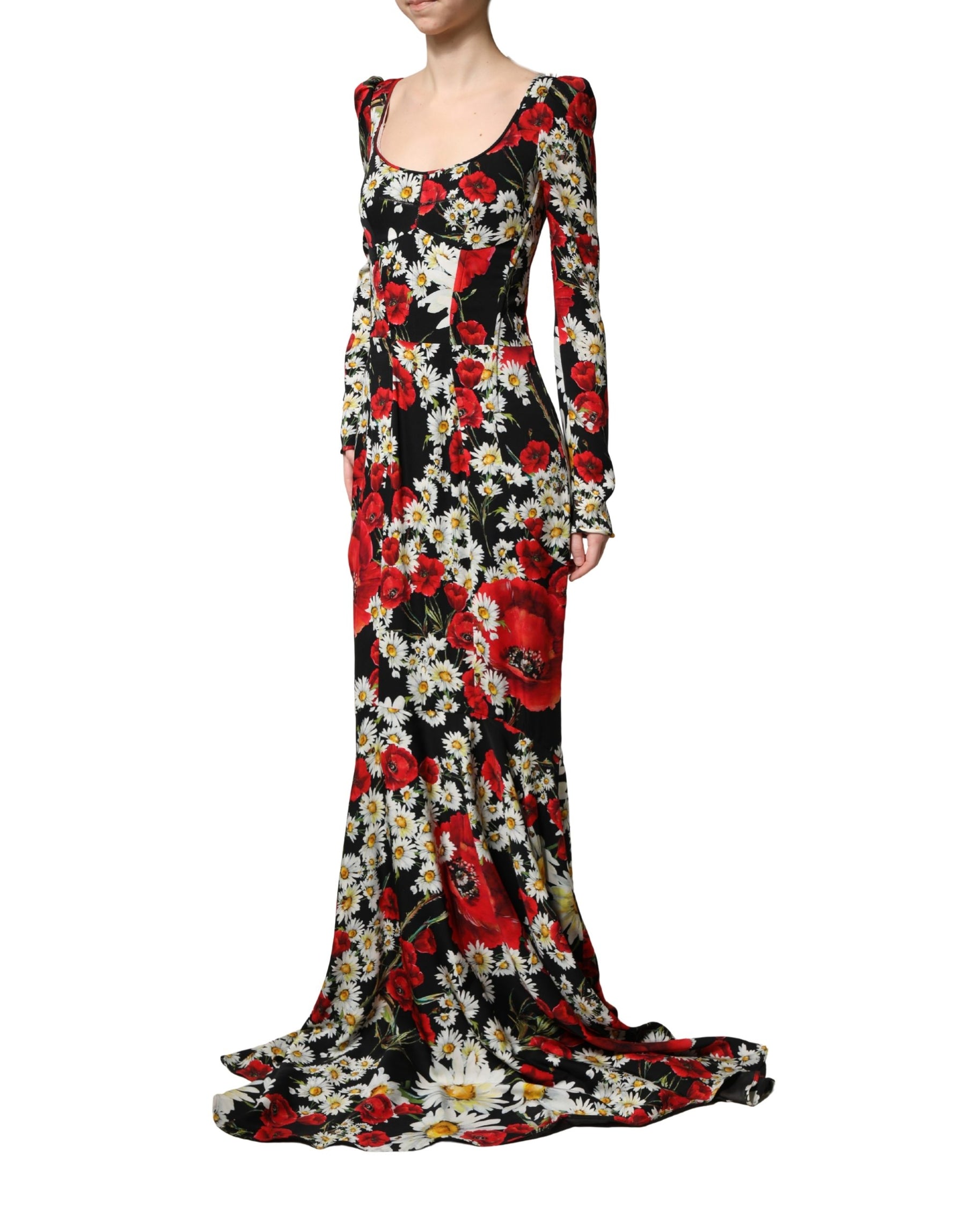 Dolce & Gabbana Black Floral Silk Long Sleeves Gown Dress | Regal Royce