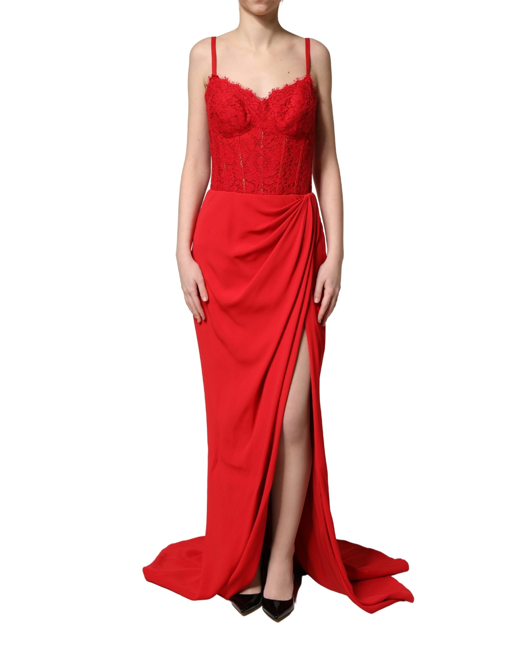 Dolce & Gabbana Red Corset Lace Bodice Draped Long Gown Dress | Regal Royce