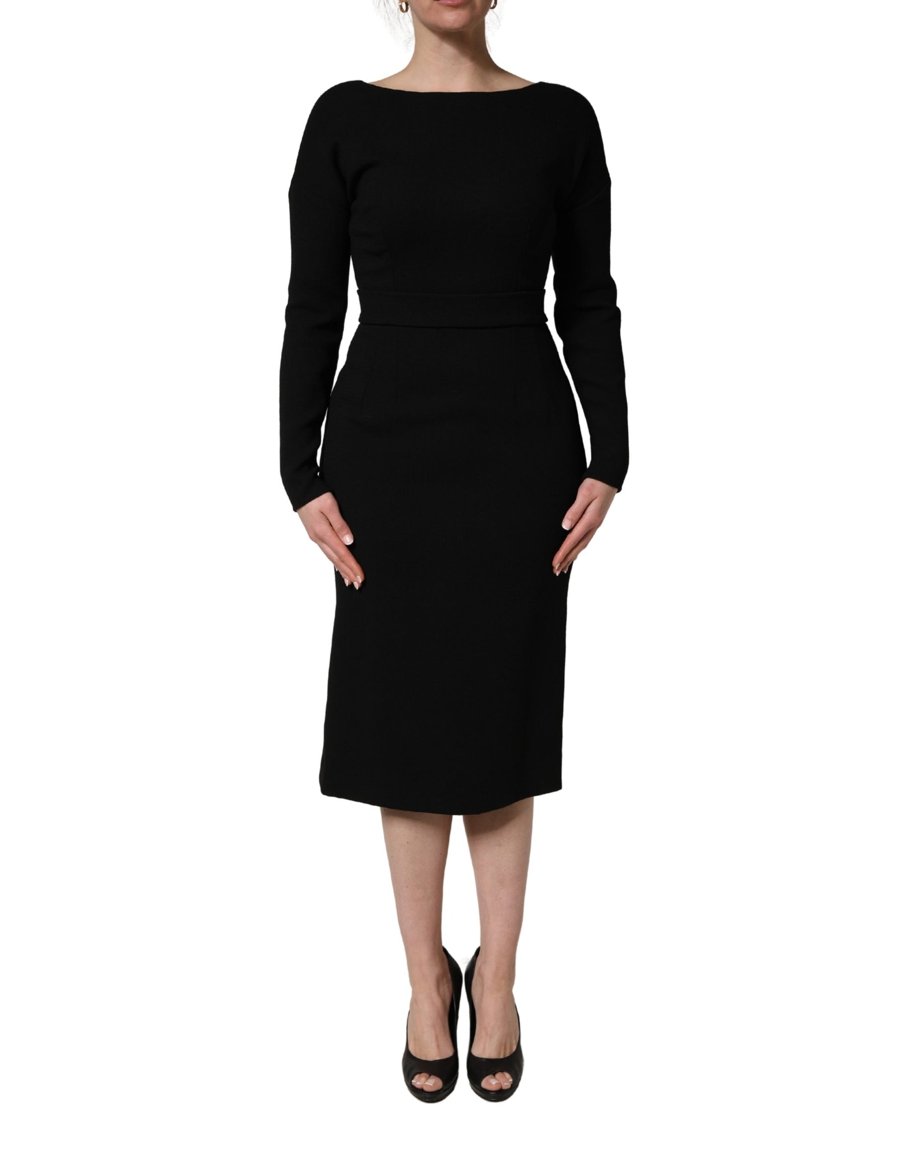 Dolce & Gabbana Black Wool Crepe Long Sleeves Midi Dress | Regal Royce