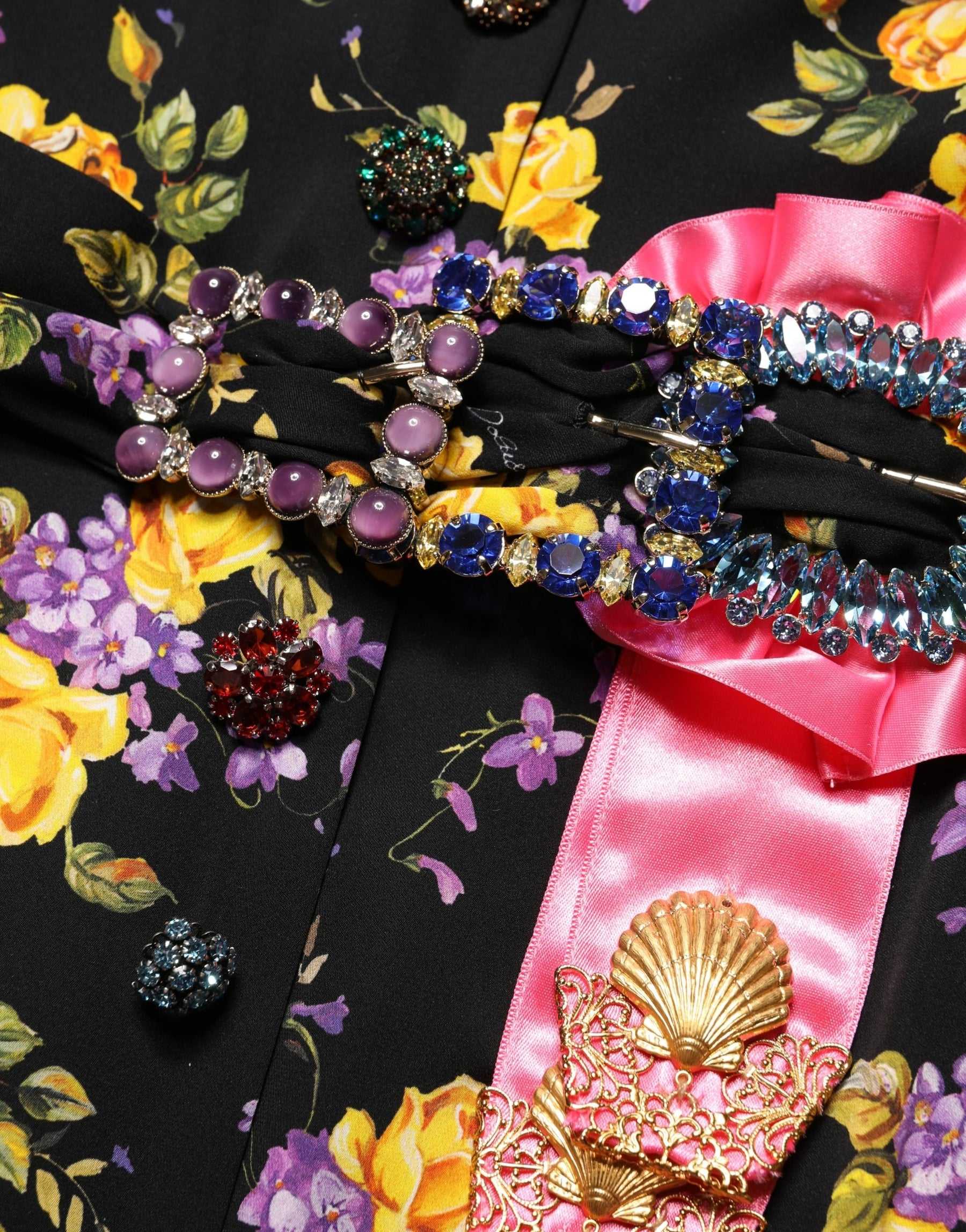 Dolce & Gabbana Black Purple Crystal Brooch Silk Midi Dress | Regal Royce