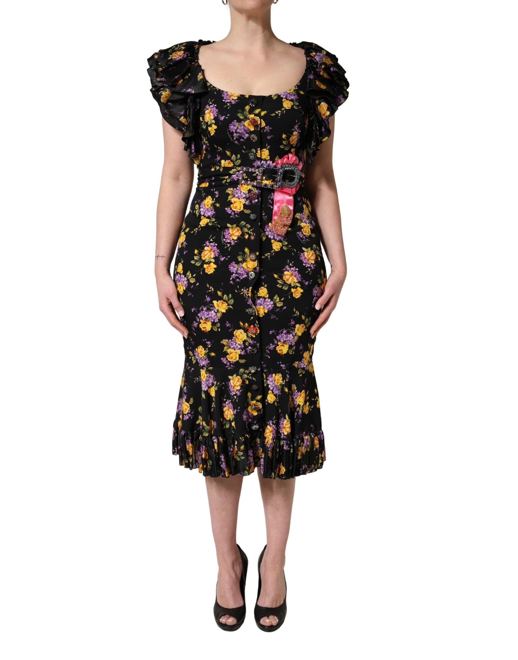 Dolce & Gabbana Black Purple Crystal Brooch Silk Midi Dress | Regal Royce
