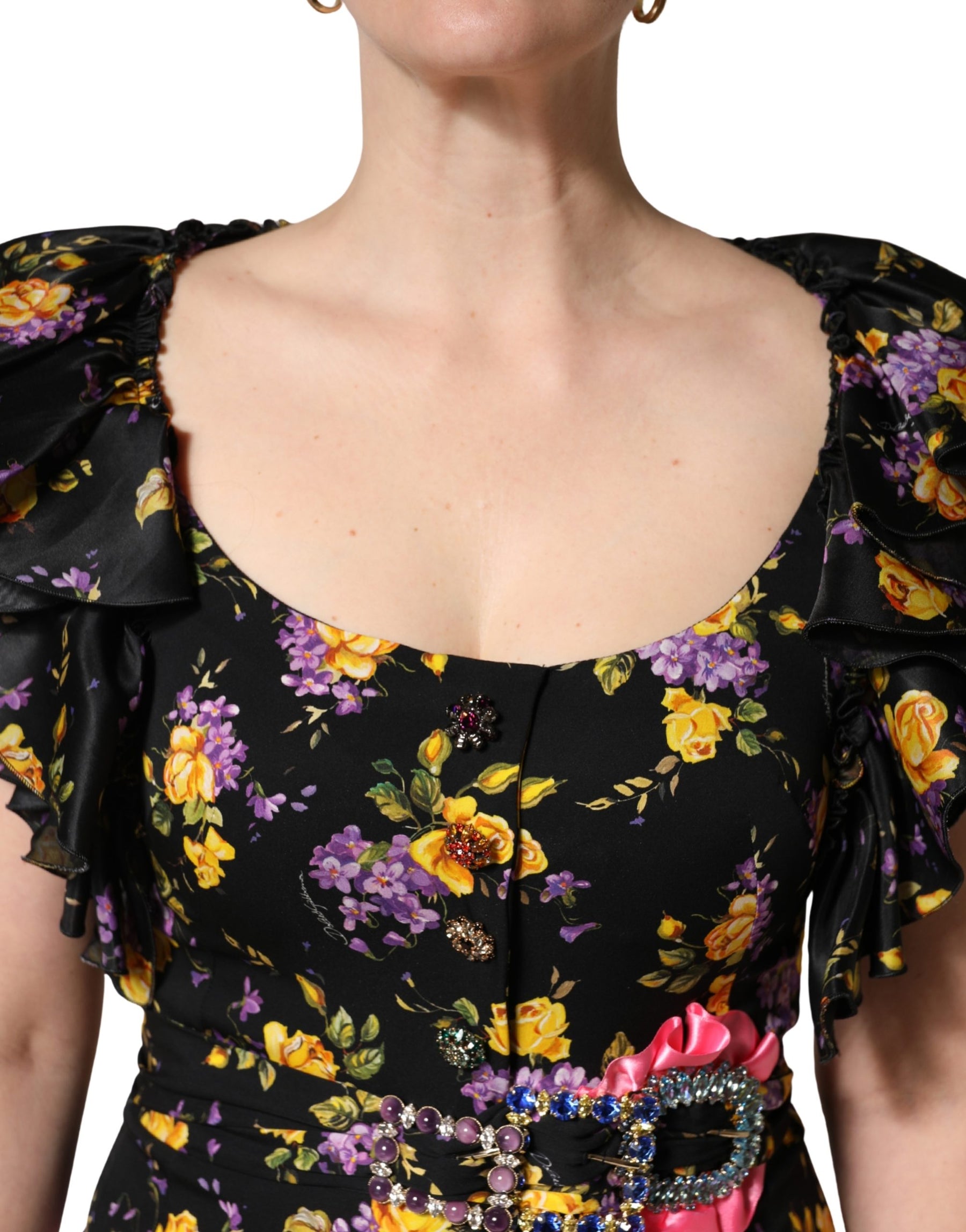 Dolce & Gabbana Black Purple Crystal Brooch Silk Midi Dress | Regal Royce