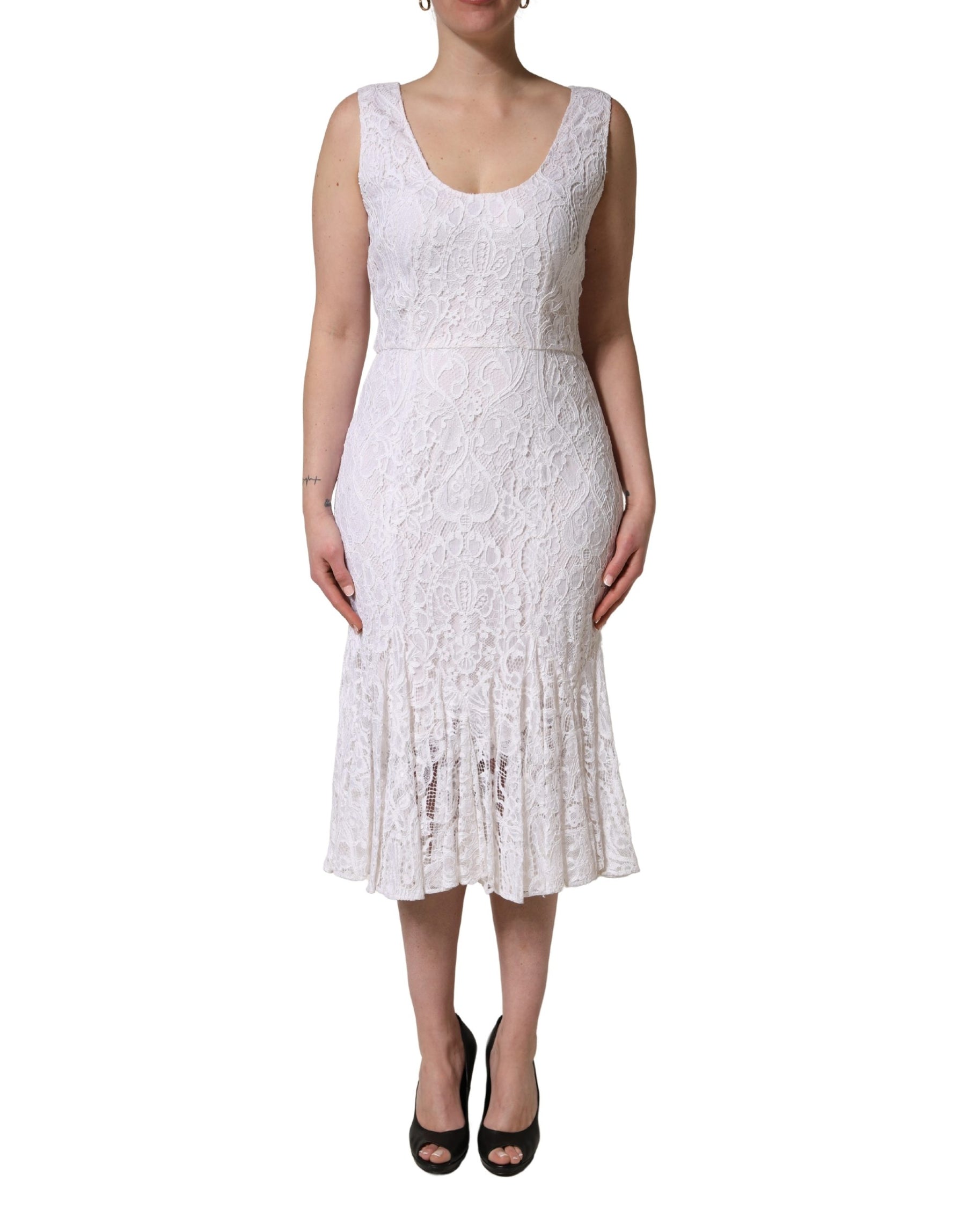 Dolce & Gabbana White Floral Lace Sleeveless Midi Dress | Regal Royce