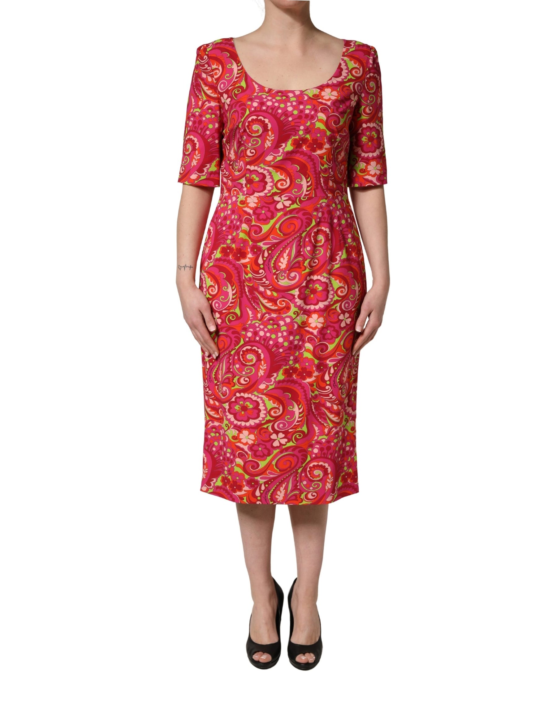 Dolce & Gabbana Red Paisley Floral Print Sheath Midi Dress | Regal Royce