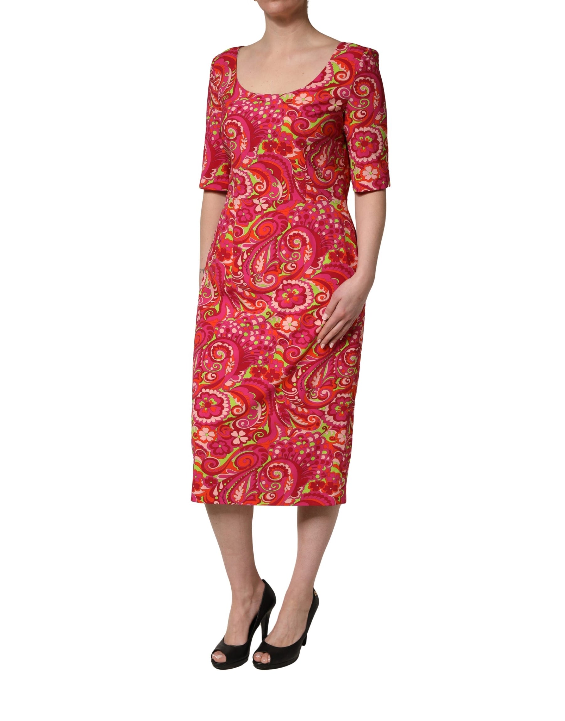 Dolce & Gabbana Red Paisley Floral Print Sheath Midi Dress | Regal Royce