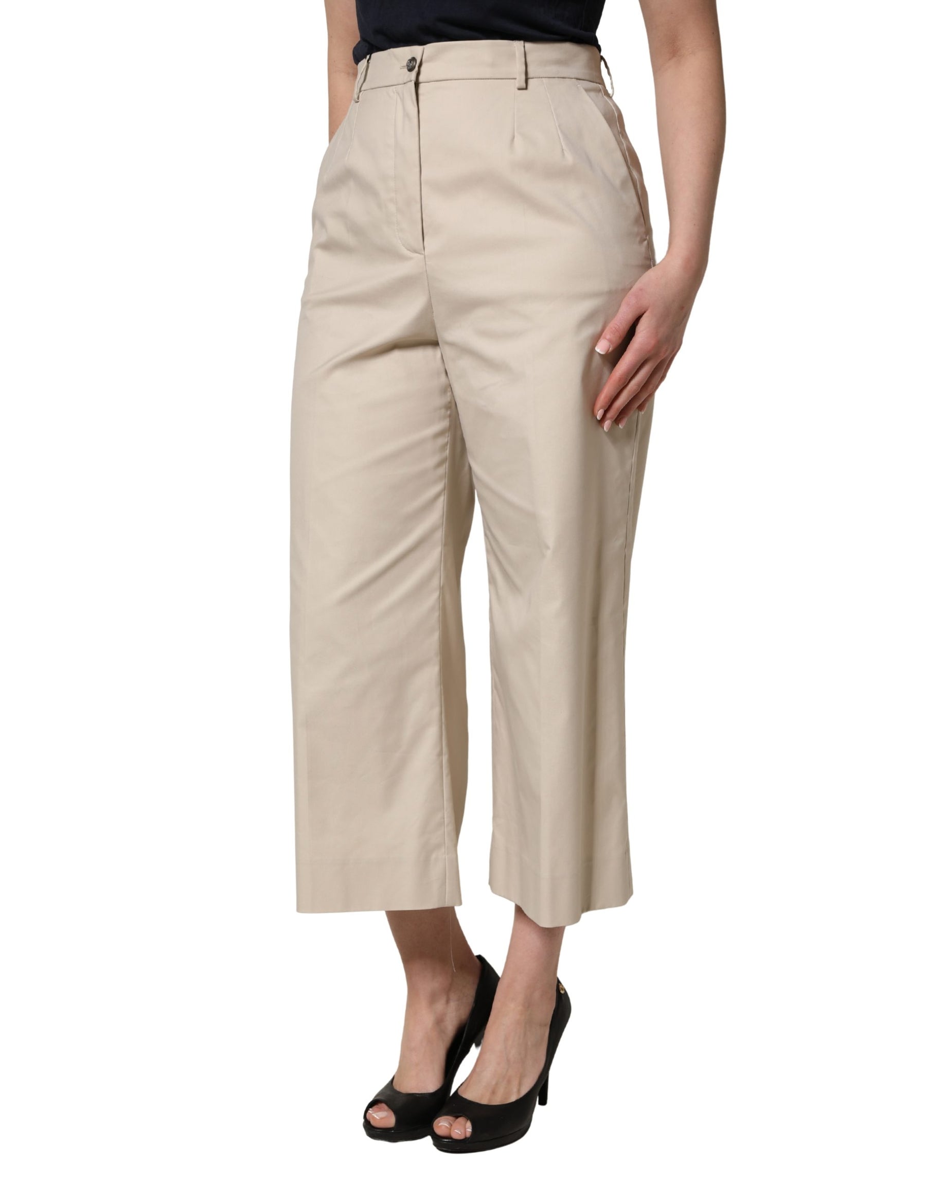 Dolce & Gabbana Beige Cotton Mid Waist Cropped Trouser Pants | Regal Royce