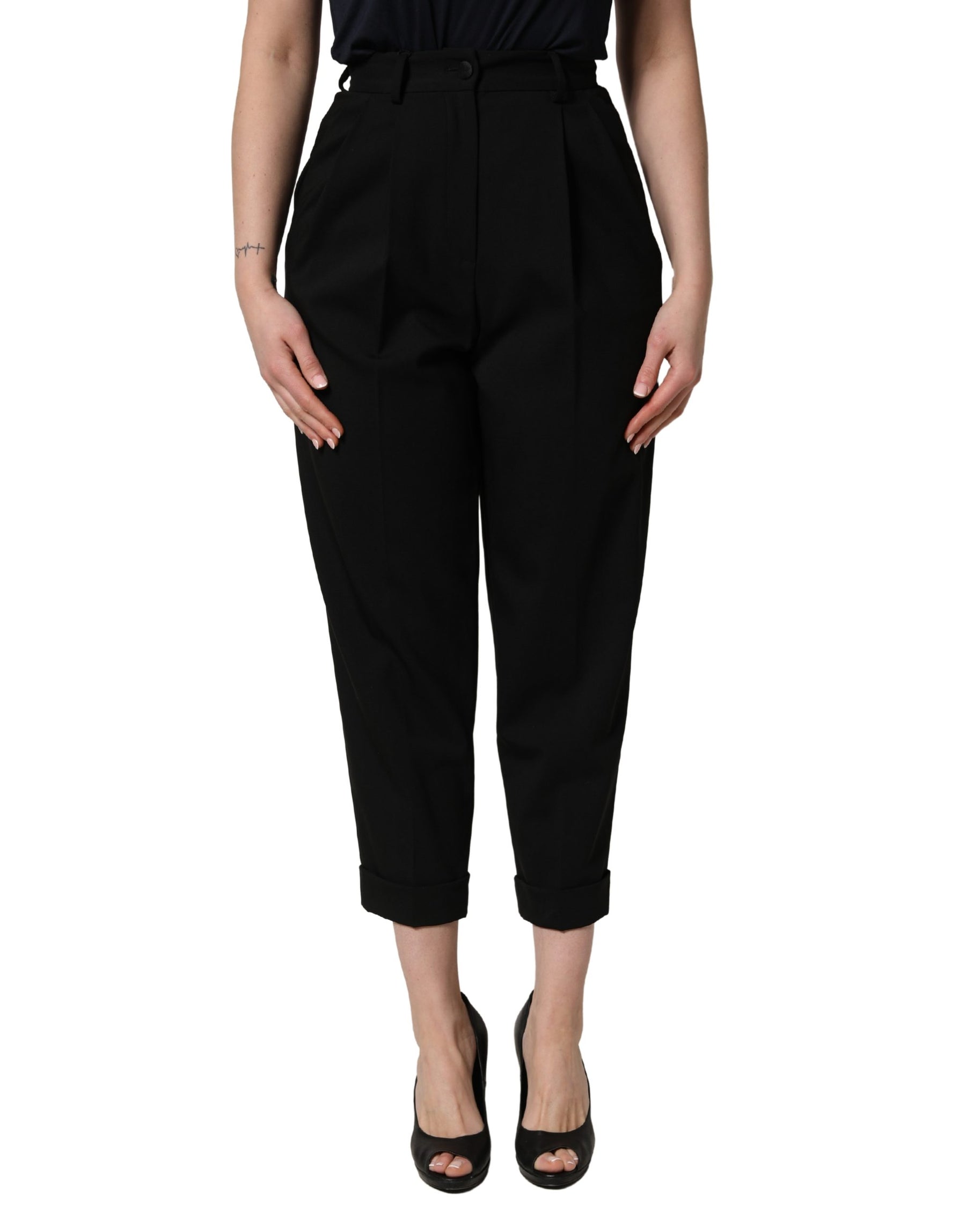 Dolce & Gabbana Black Wool High Waist Cropped Trouser Pants | Regal Royce
