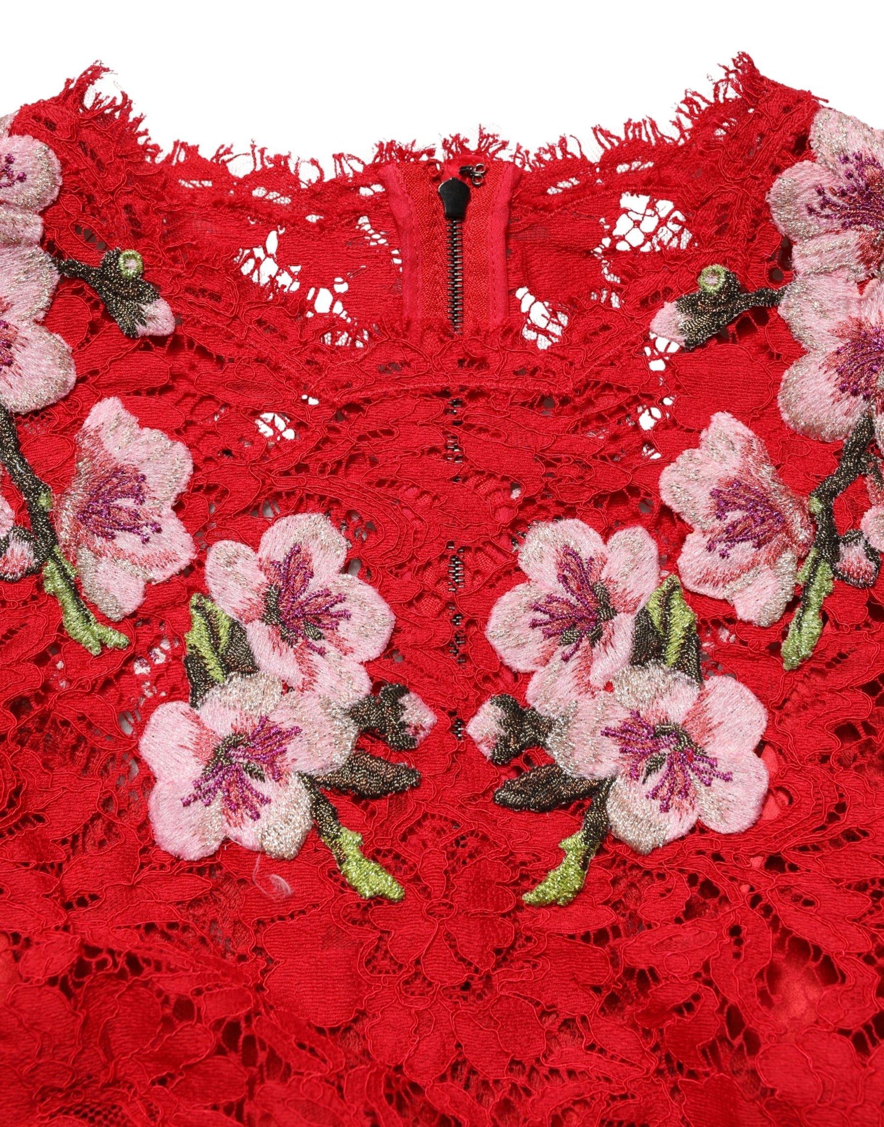 Dolce & Gabbana Red Lace Floral Embroidery Long Sleeves Top | Regal Royce