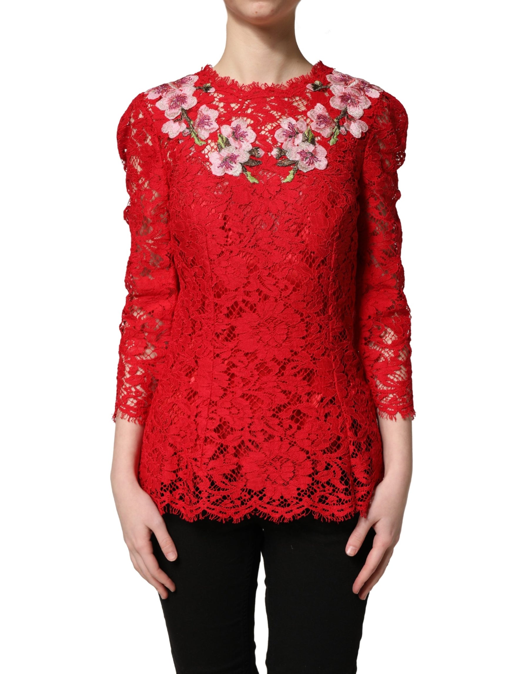 Dolce & Gabbana Red Lace Floral Embroidery Long Sleeves Top | Regal Royce