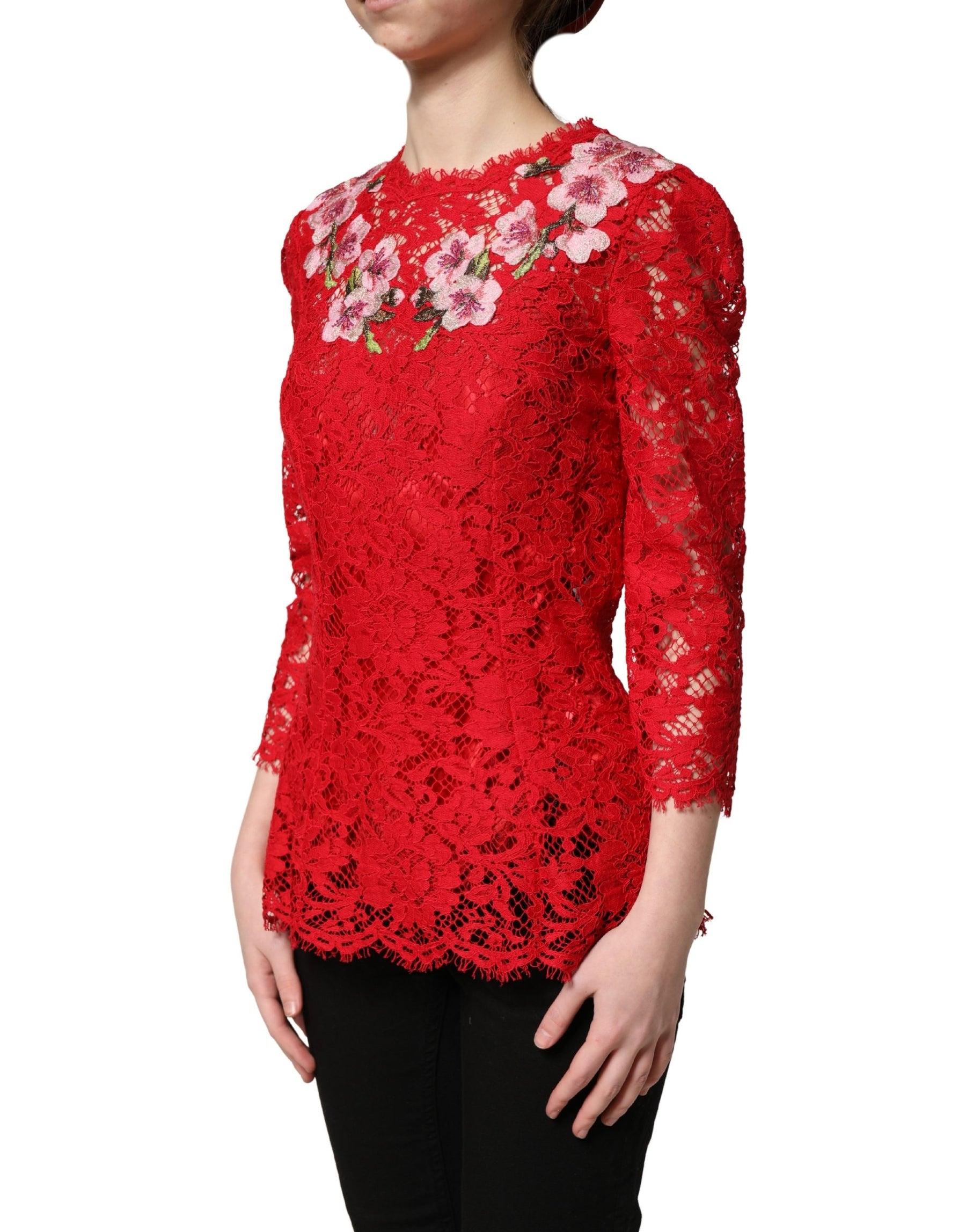 Dolce & Gabbana Red Lace Floral Embroidery Long Sleeves Top | Regal Royce