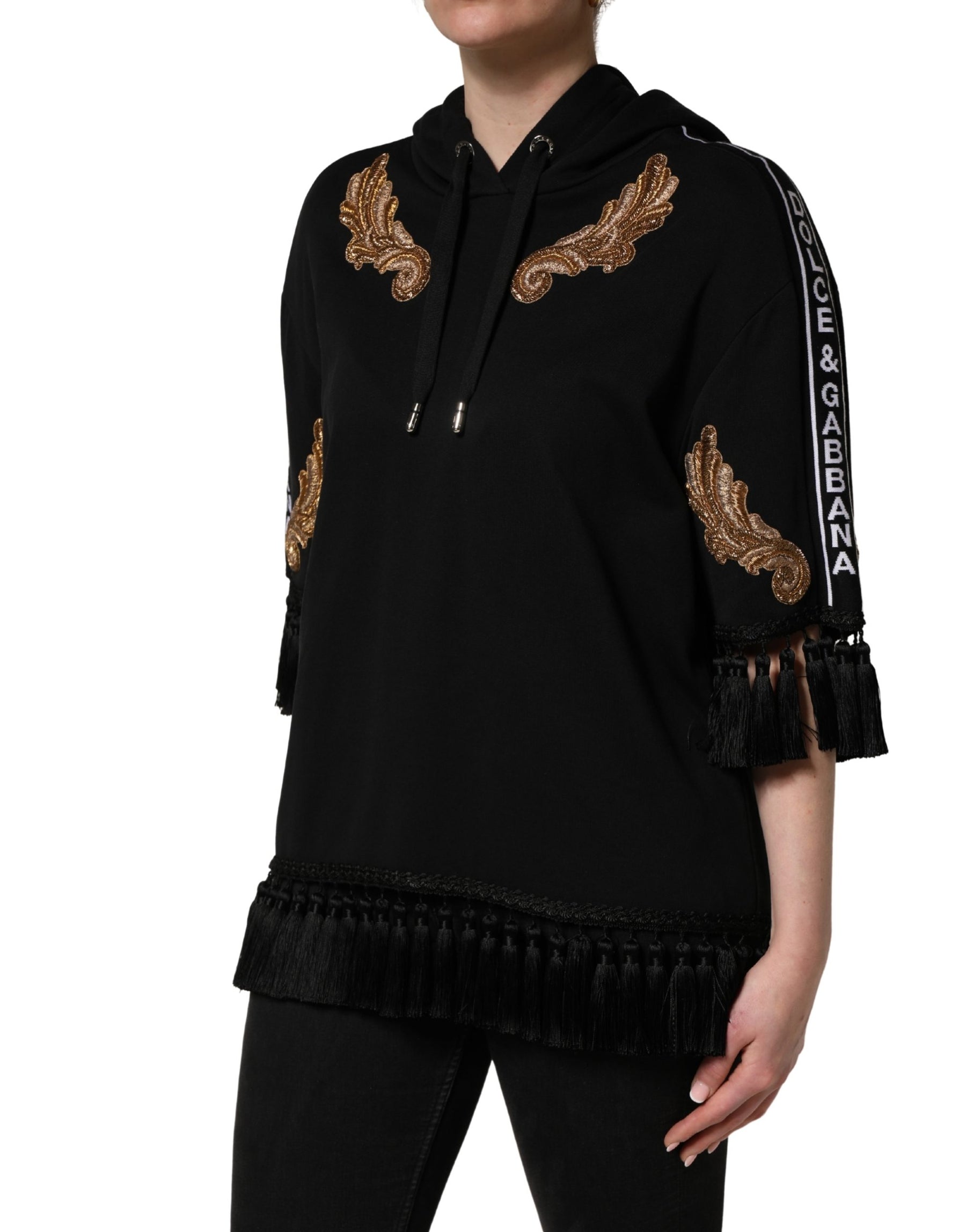 Dolce & Gabbana Black Embroidered Tassel Hooded Sweatshirt Sweater | Regal Royce
