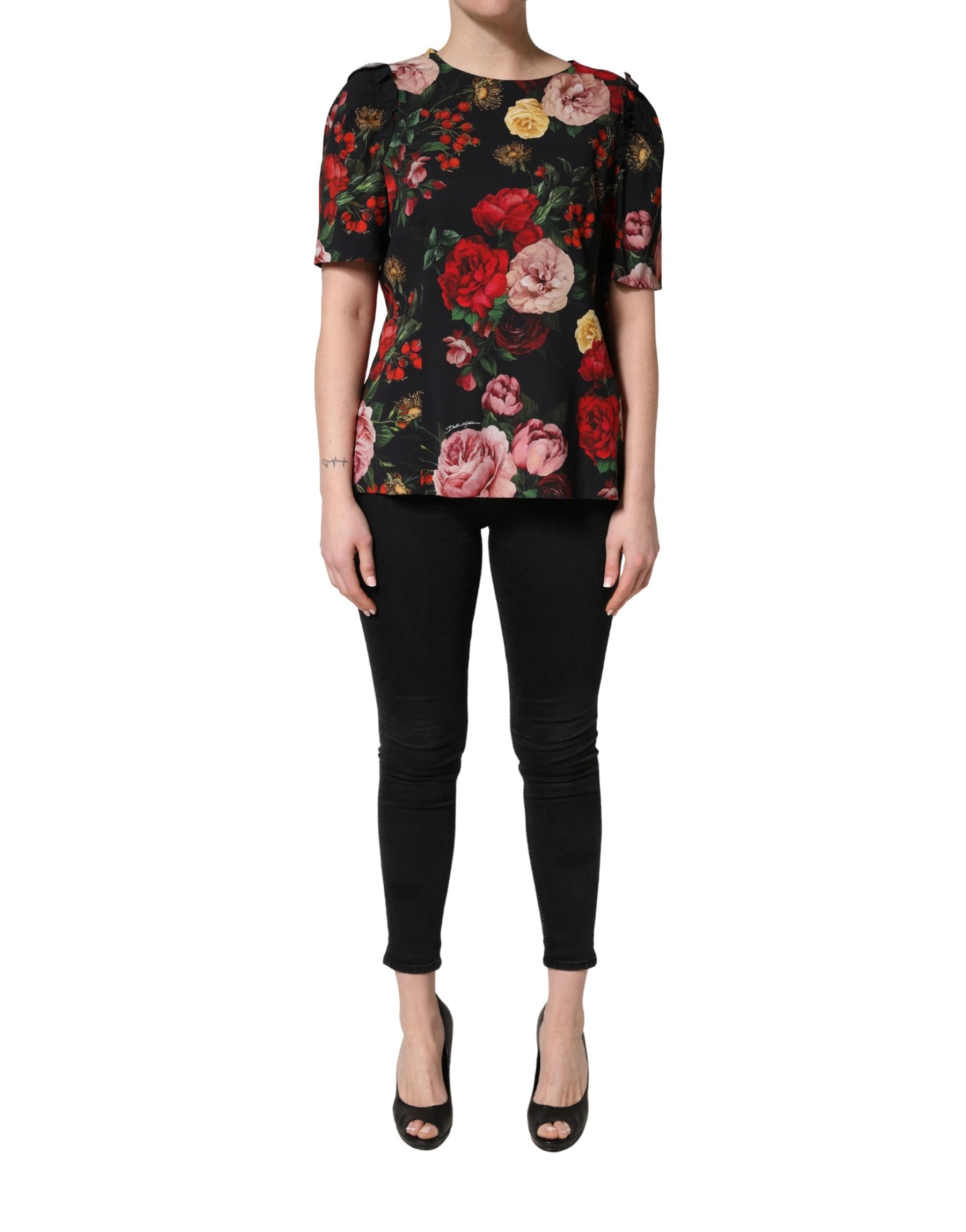 Dolce & Gabbana Black Floral Crepe Frill Detail Blouse Top | Regal Royce