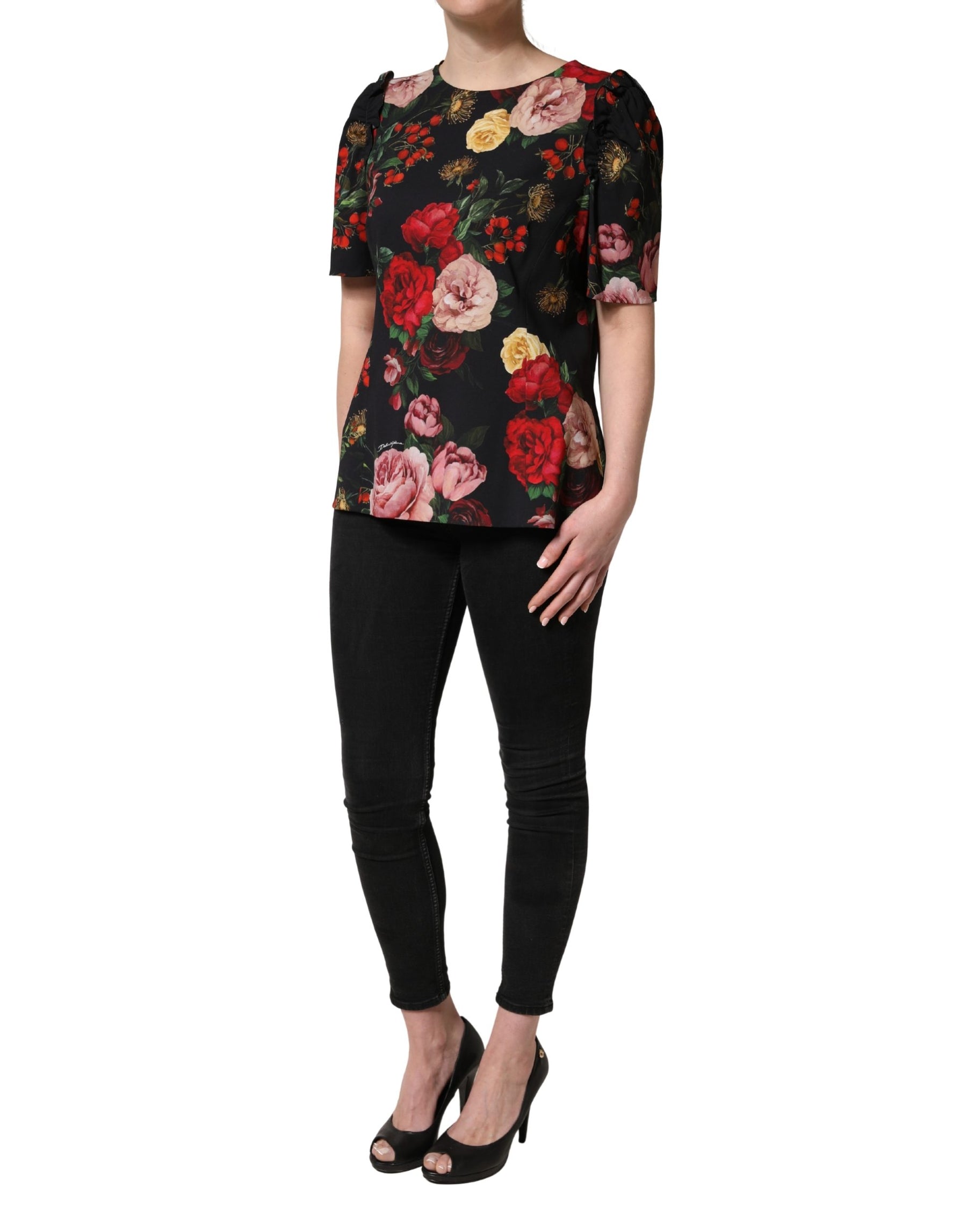 Dolce & Gabbana Black Floral Crepe Frill Detail Blouse Top | Regal Royce
