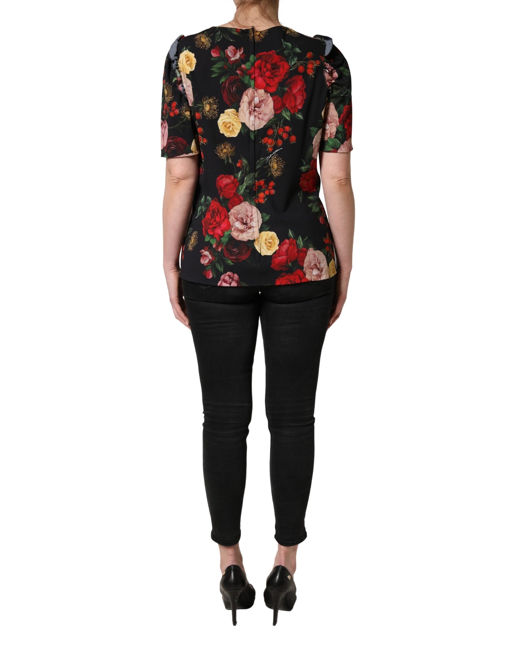 Dolce & Gabbana Black Floral Crepe Frill Detail Blouse Top | Regal Royce
