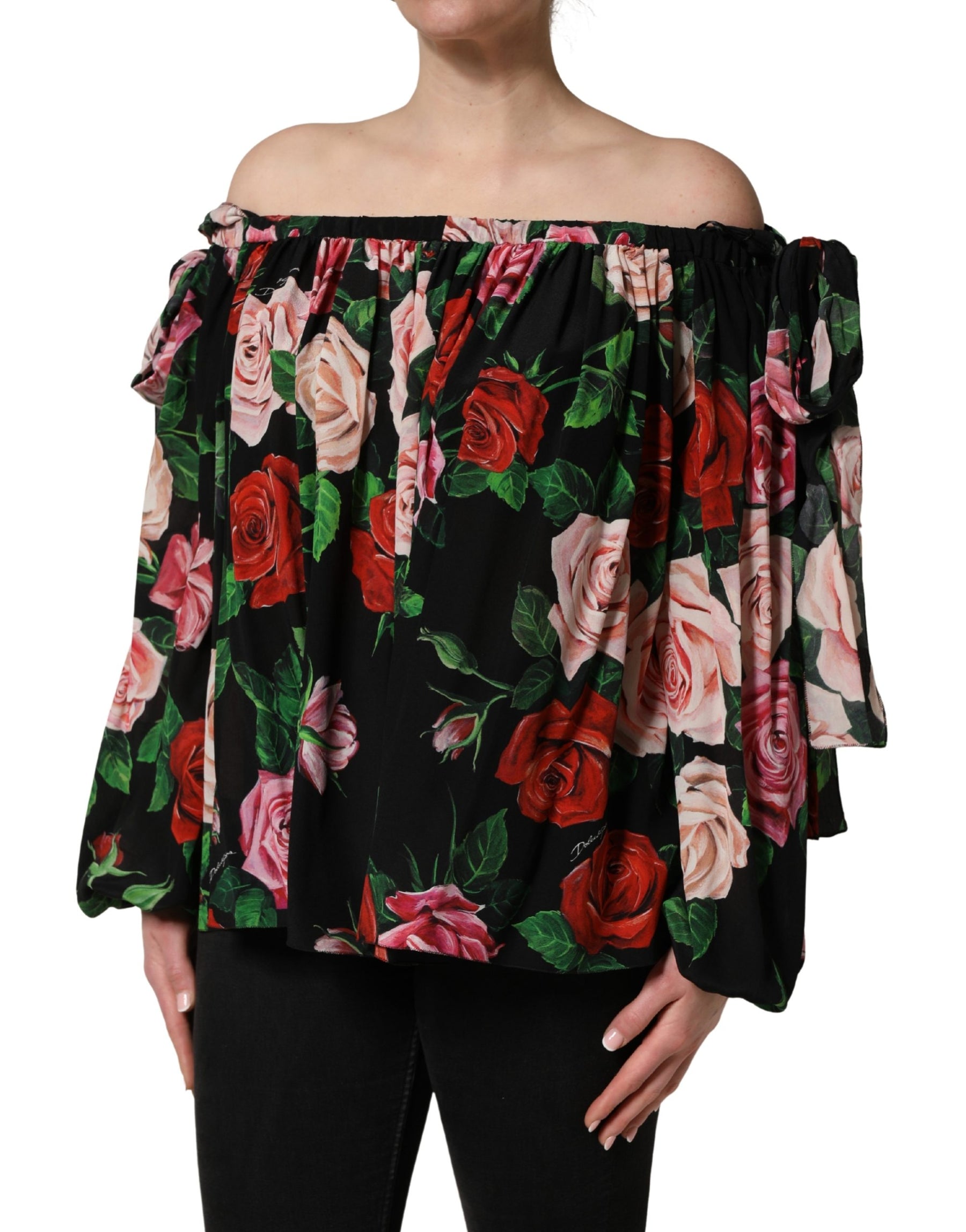 Dolce & Gabbana Black Rose Print Silk Off The Shoulder Blouse Top | Regal Royce