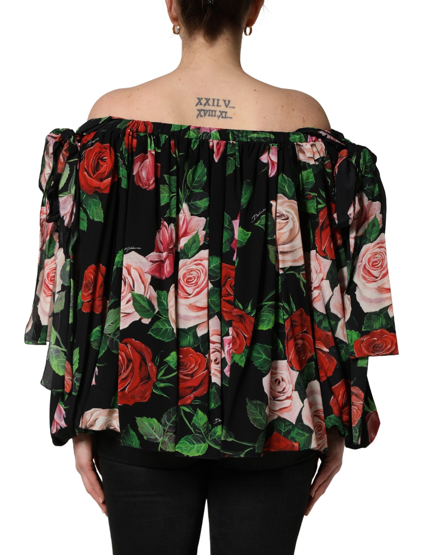 Dolce & Gabbana Black Rose Print Silk Off The Shoulder Blouse Top | Regal Royce