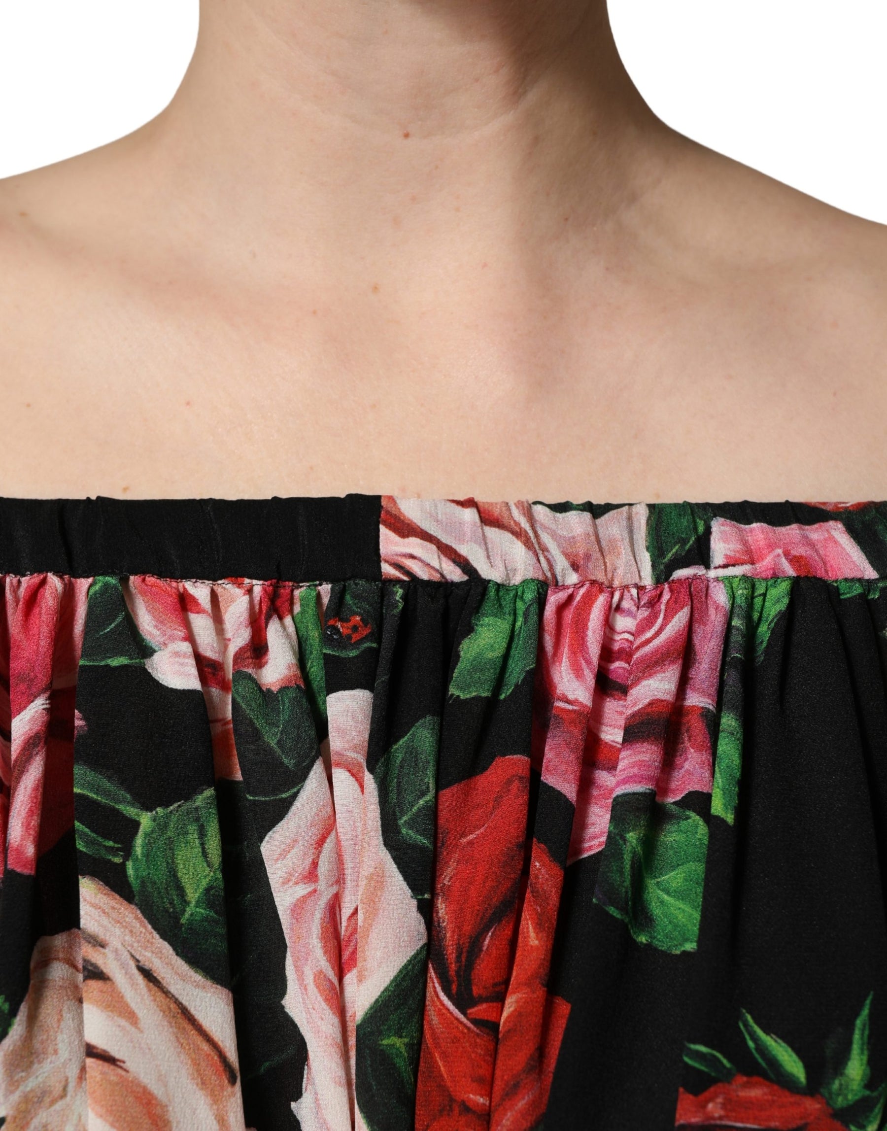 Dolce & Gabbana Black Rose Print Silk Off The Shoulder Blouse Top | Regal Royce