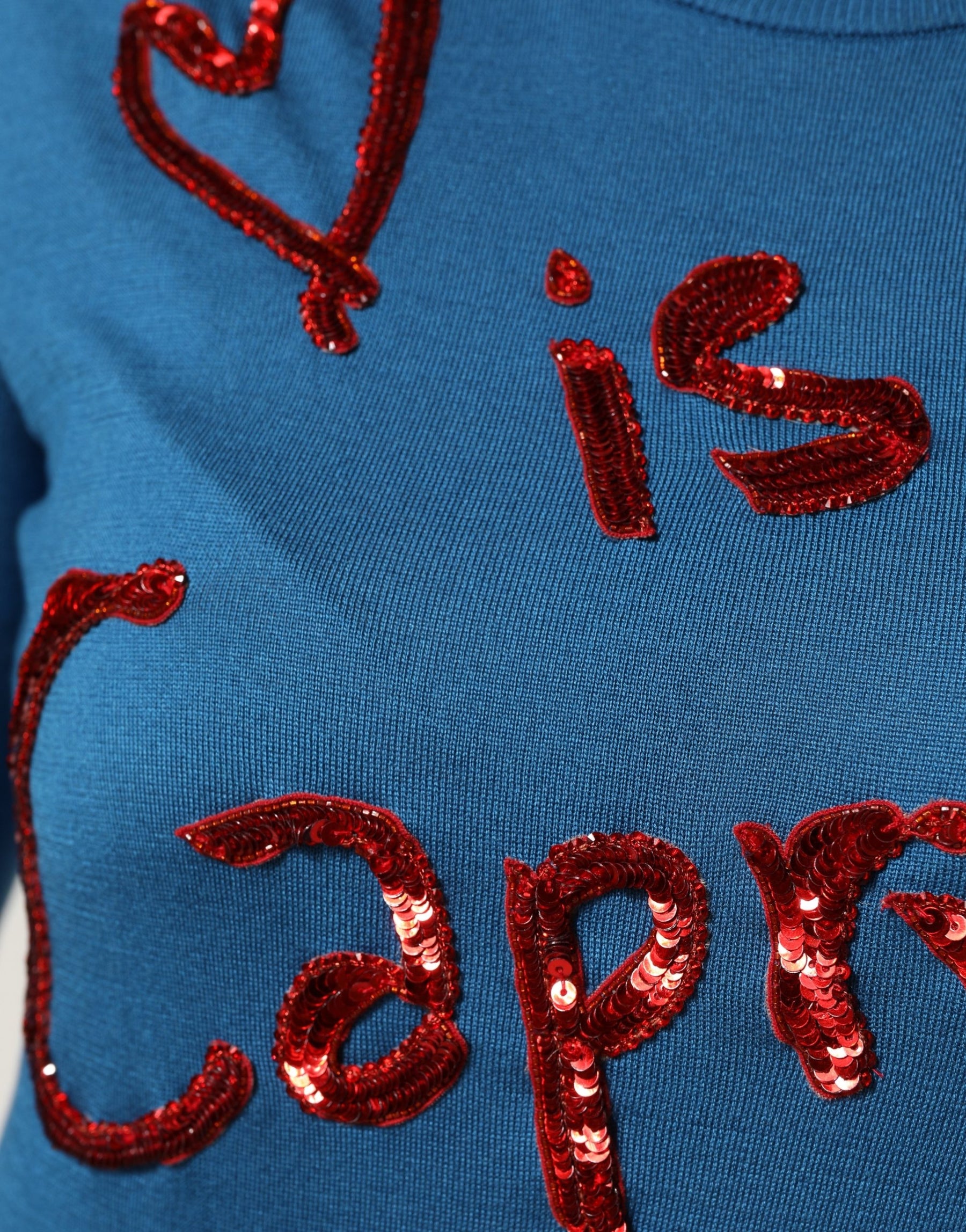 Dolce & Gabbana Blue Silk Sequined CrewNeck Pullover Sweater | Regal Royce