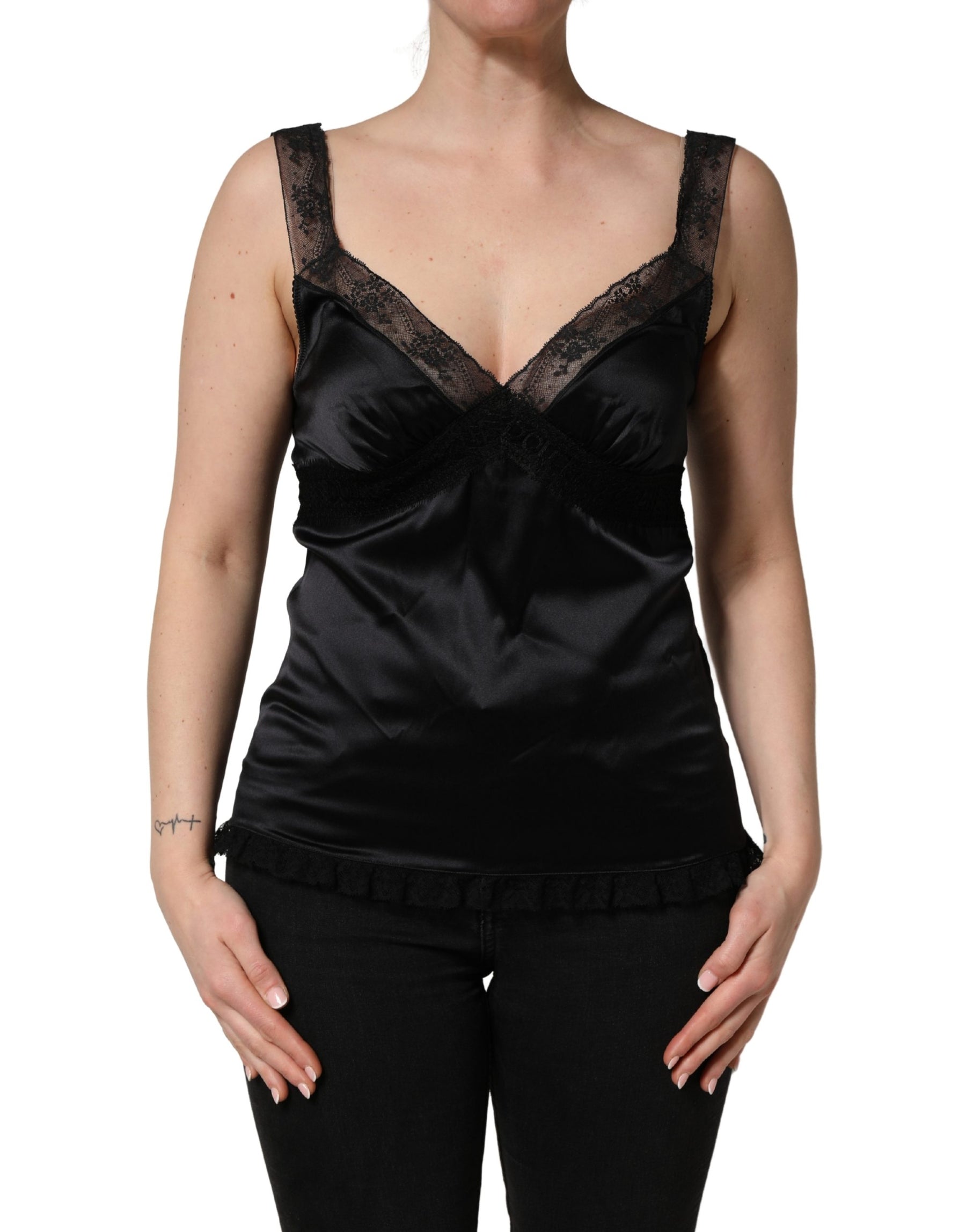 Dolce & Gabbana Black Silk Lace Trim Camisole V-neckline Tank Top | Regal Royce