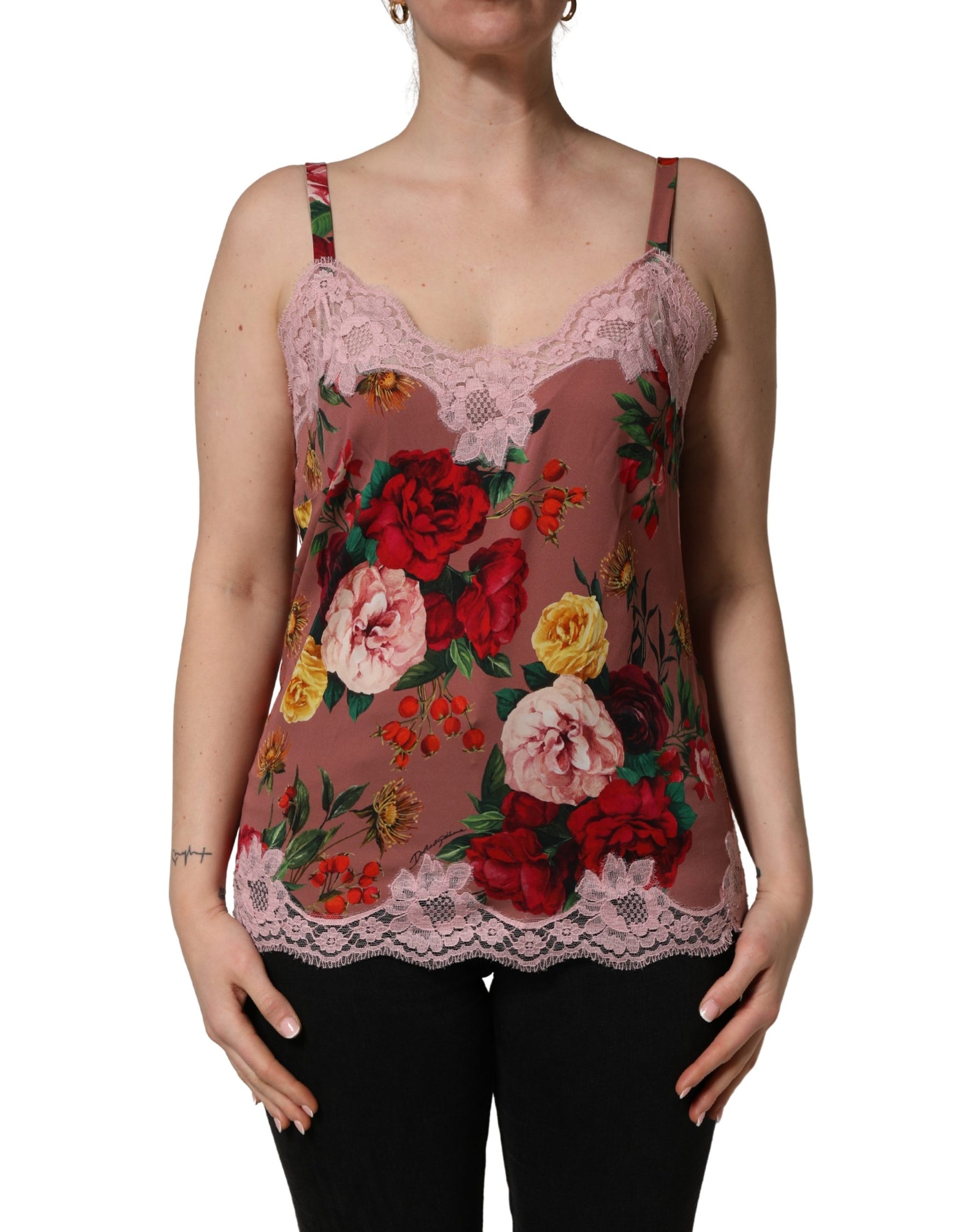 Dolce & Gabbana Brown Rose Print Satin Lace Camisole Tank Top | Regal Royce