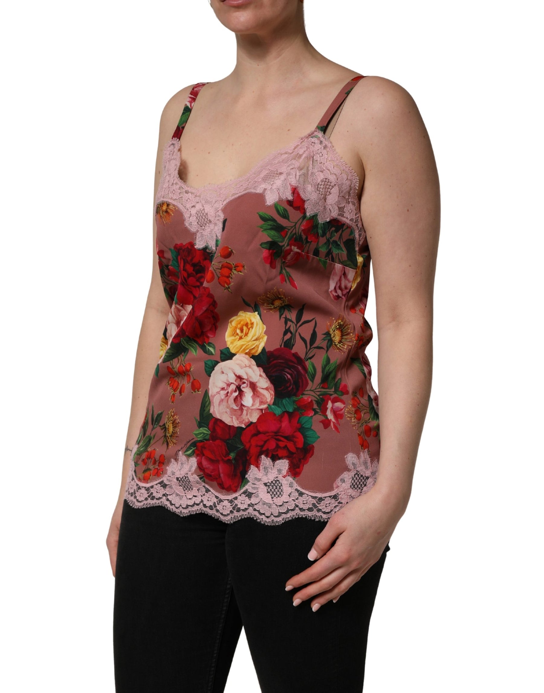 Dolce & Gabbana Brown Rose Print Satin Lace Camisole Tank Top | Regal Royce
