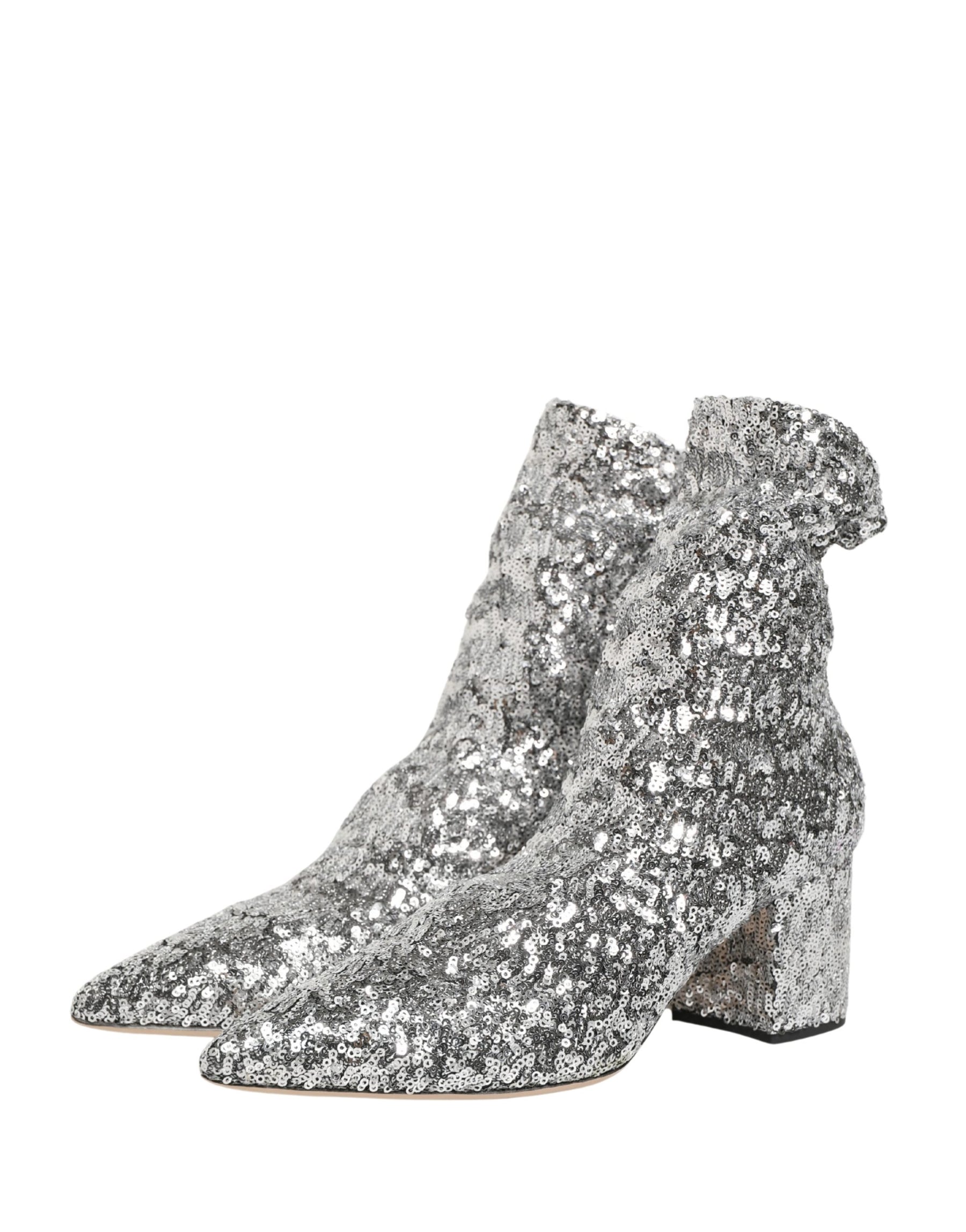 Dolce & Gabbana Silver Sequined Short Boots Stretch Shoes | Regal Royce