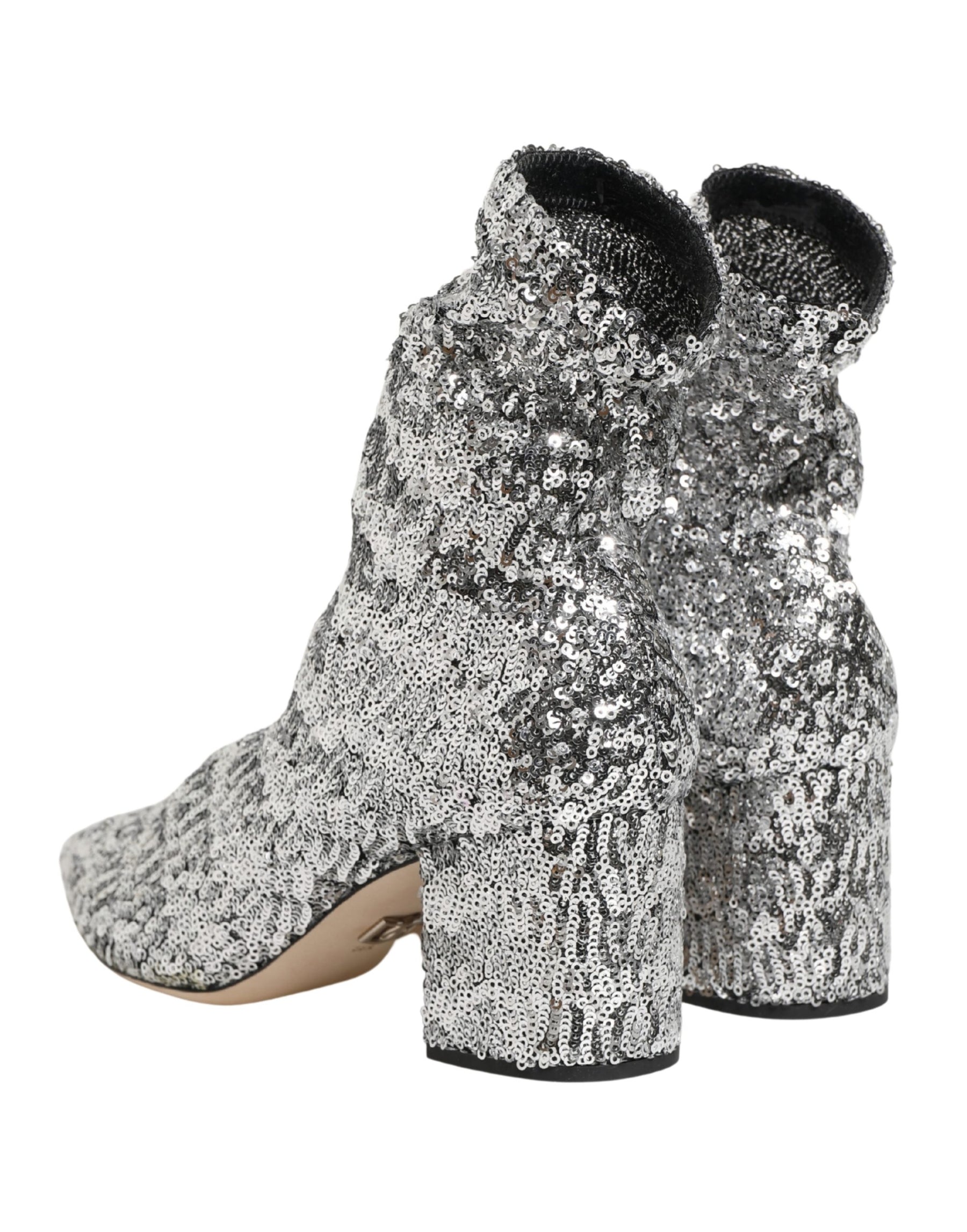 Dolce & Gabbana Silver Sequined Short Boots Stretch Shoes | Regal Royce