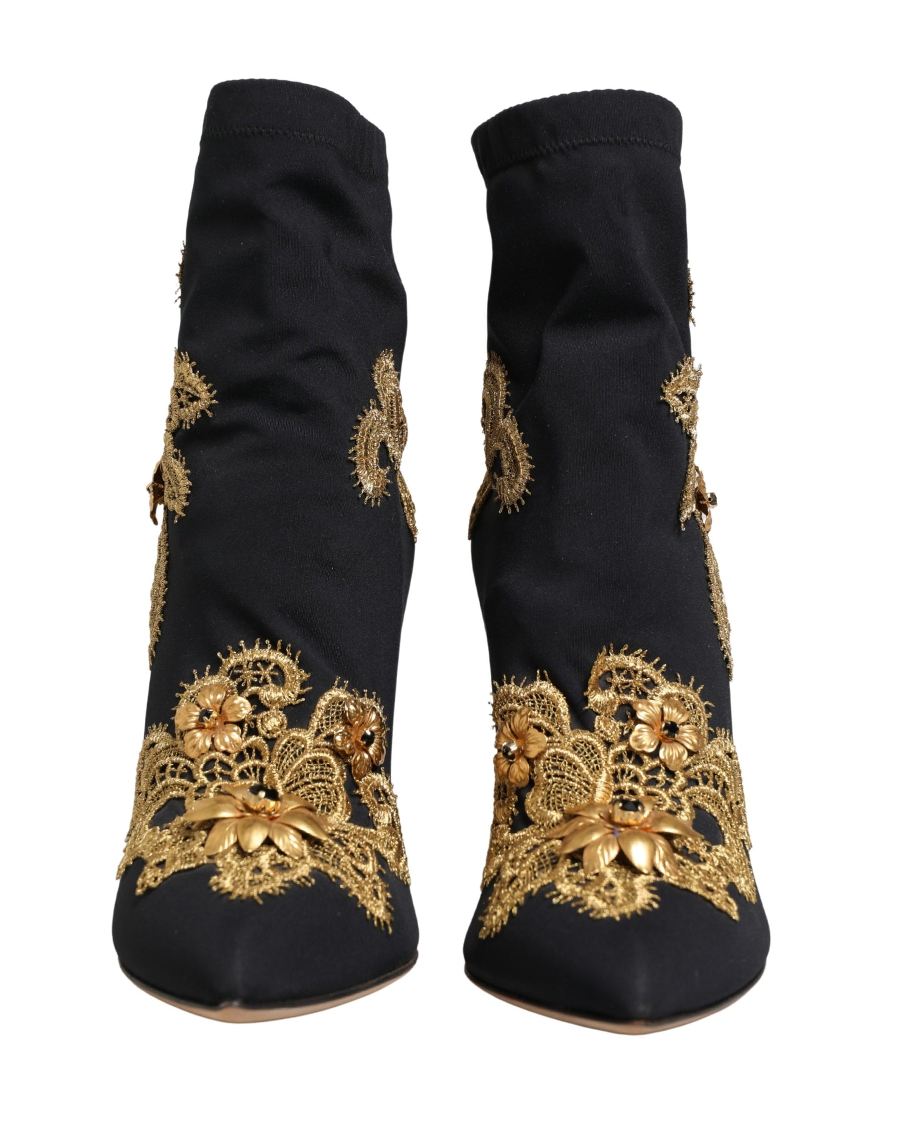 Dolce & Gabbana Black Gold Embroidery Crystal Boots Shoes | Regal Royce