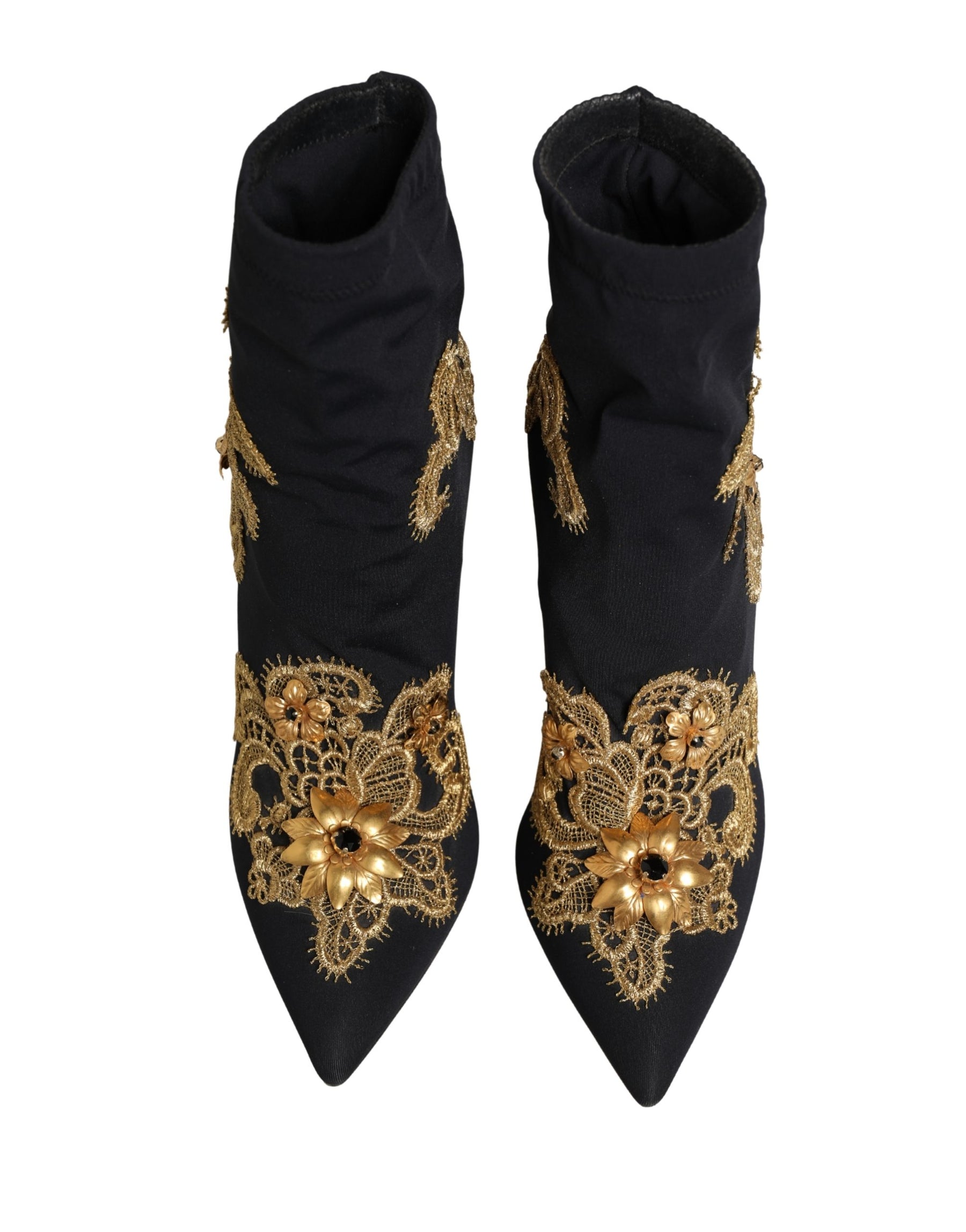 Dolce & Gabbana Black Gold Embroidery Crystal Boots Shoes | Regal Royce