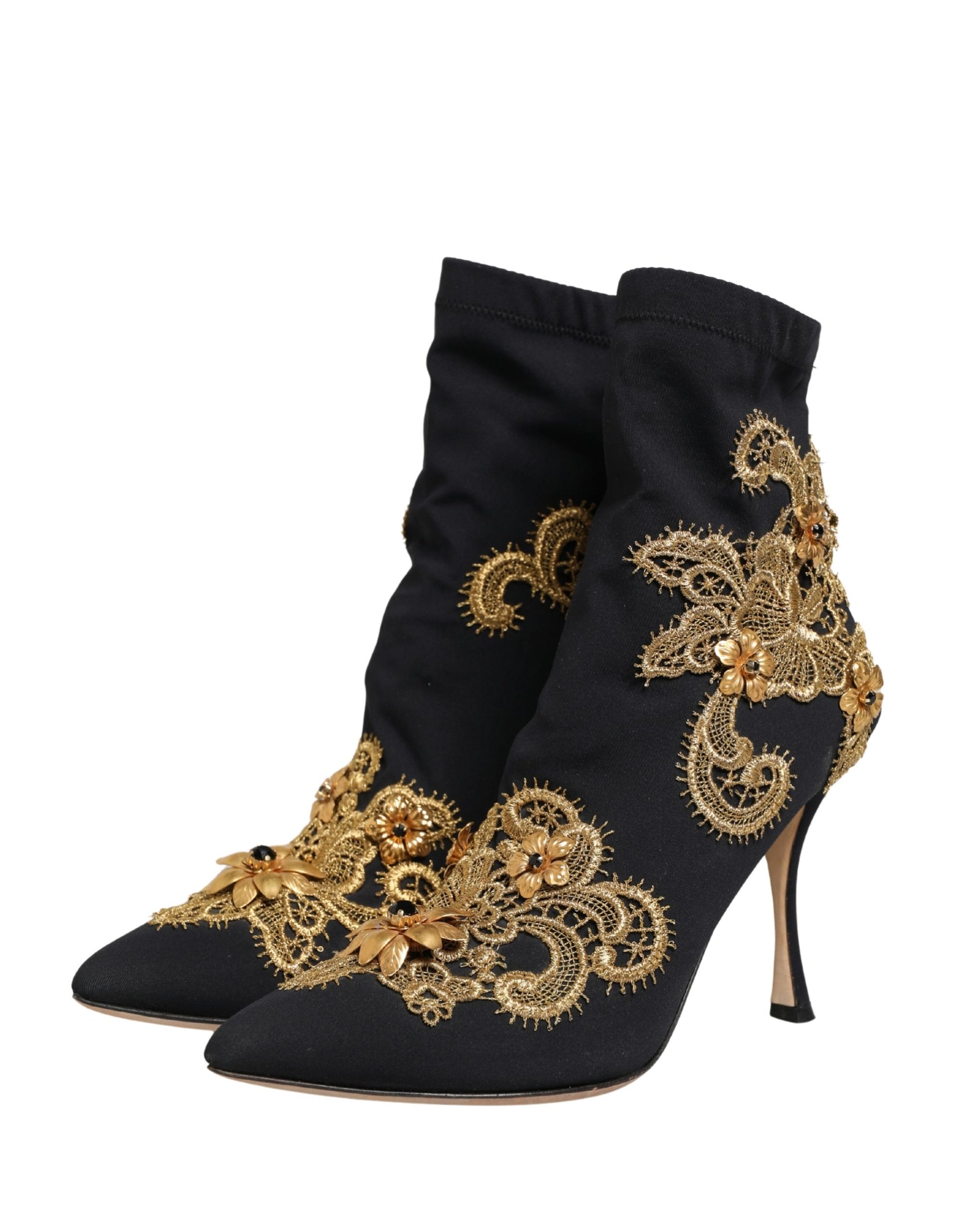 Dolce & Gabbana Black Gold Embroidery Crystal Boots Shoes | Regal Royce