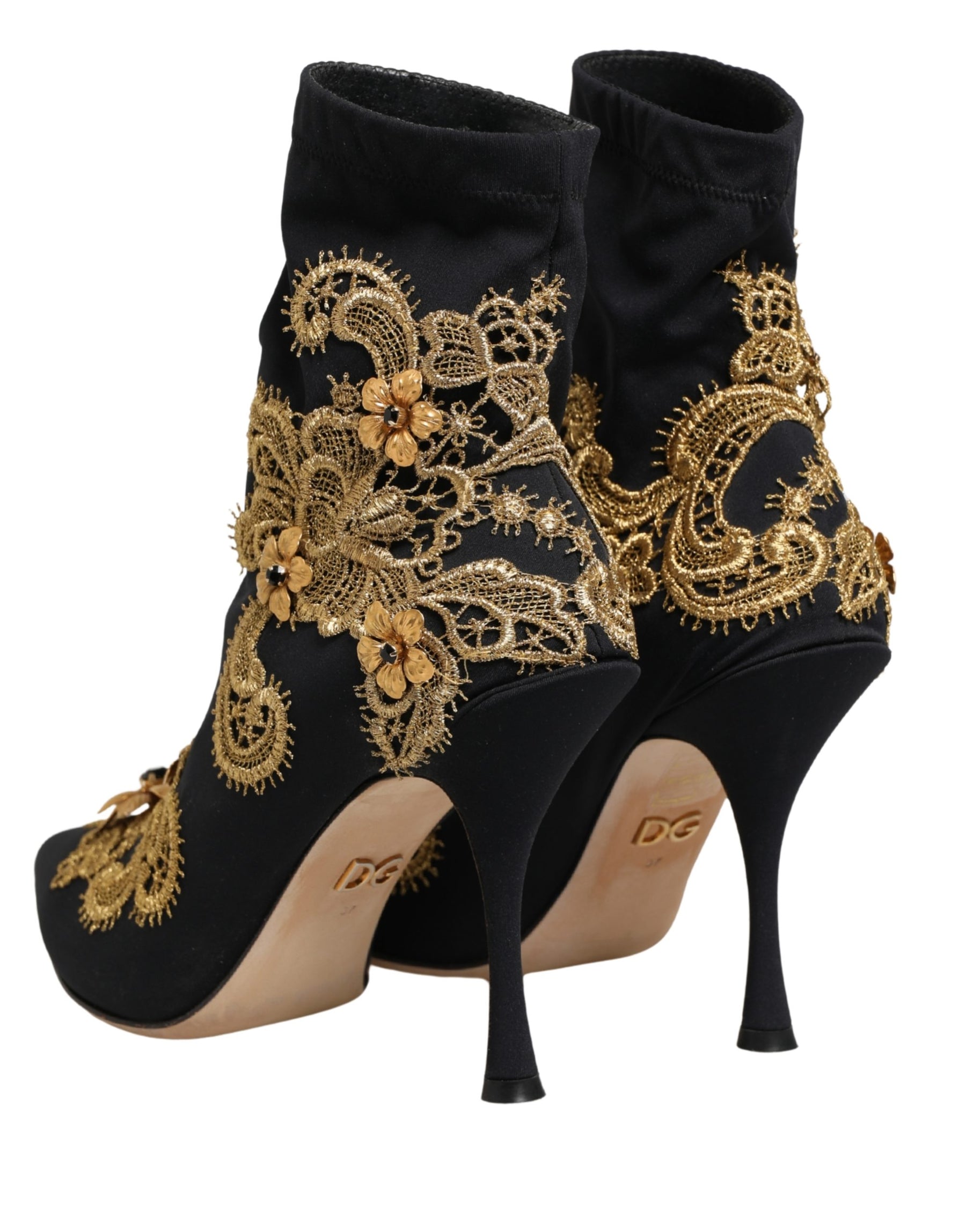 Dolce & Gabbana Black Gold Embroidery Crystal Boots Shoes | Regal Royce