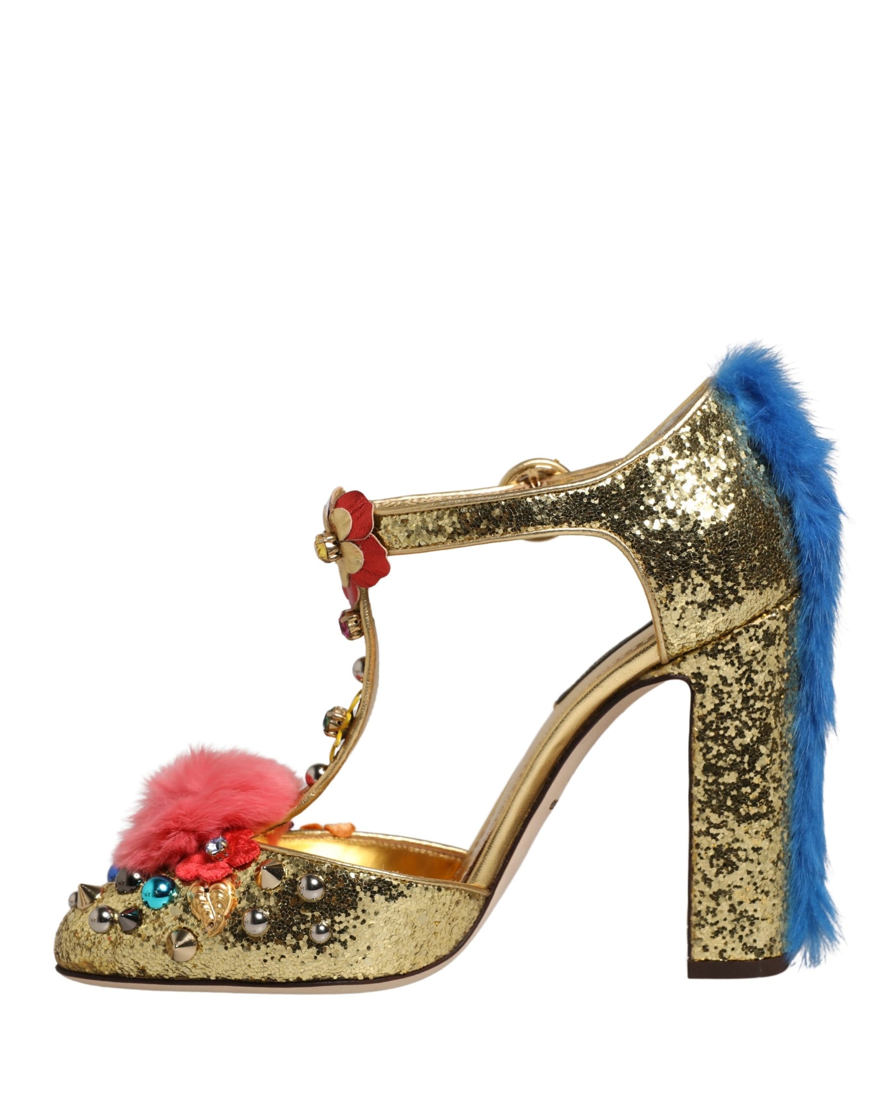 Dolce & Gabbana Gold Fur Trim Glitter T-strap Sandals Shoes | Regal Royce