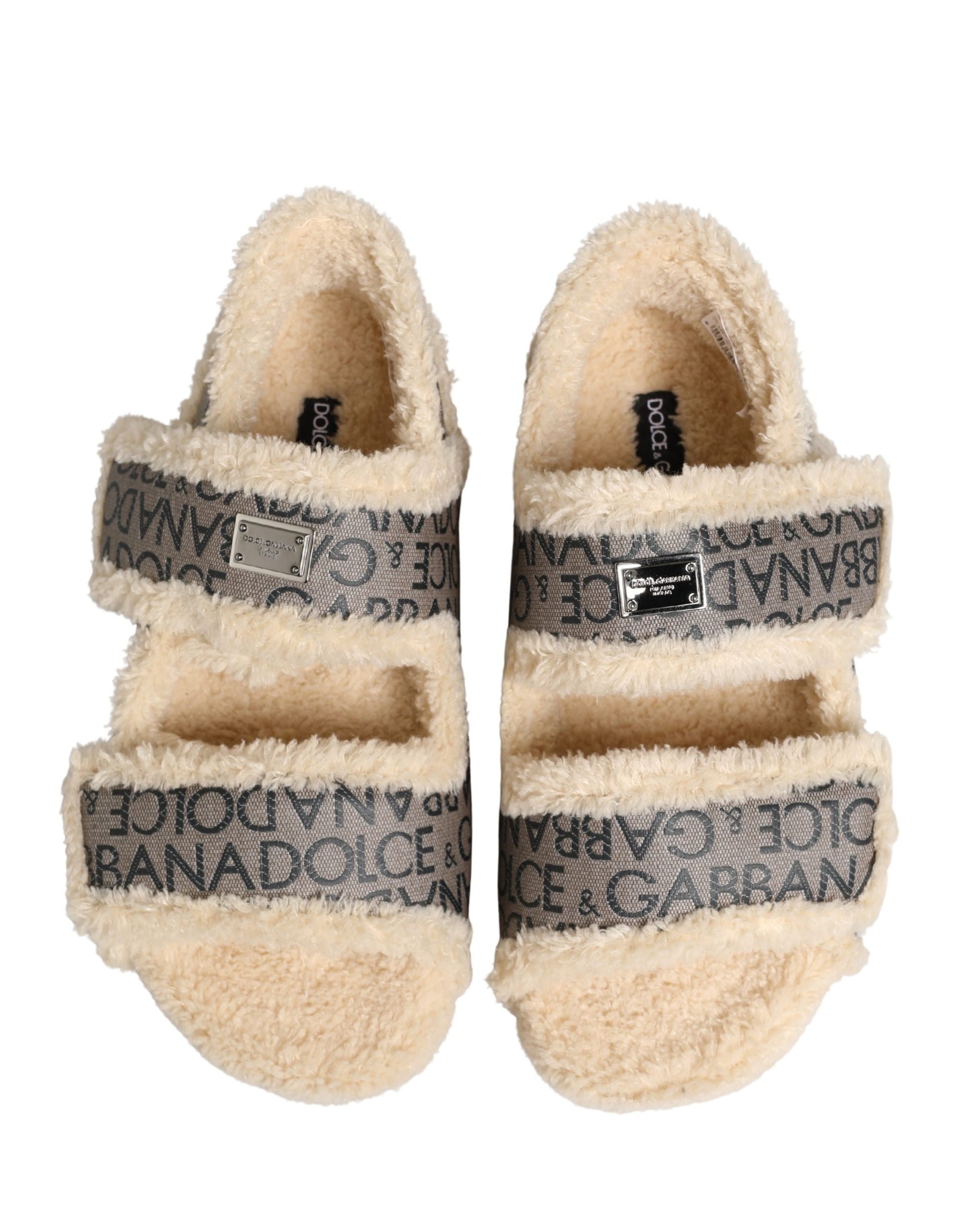 Dolce & Gabbana Beige Faux Fur Logo Print Flats Sandals Shoes | Regal Royce