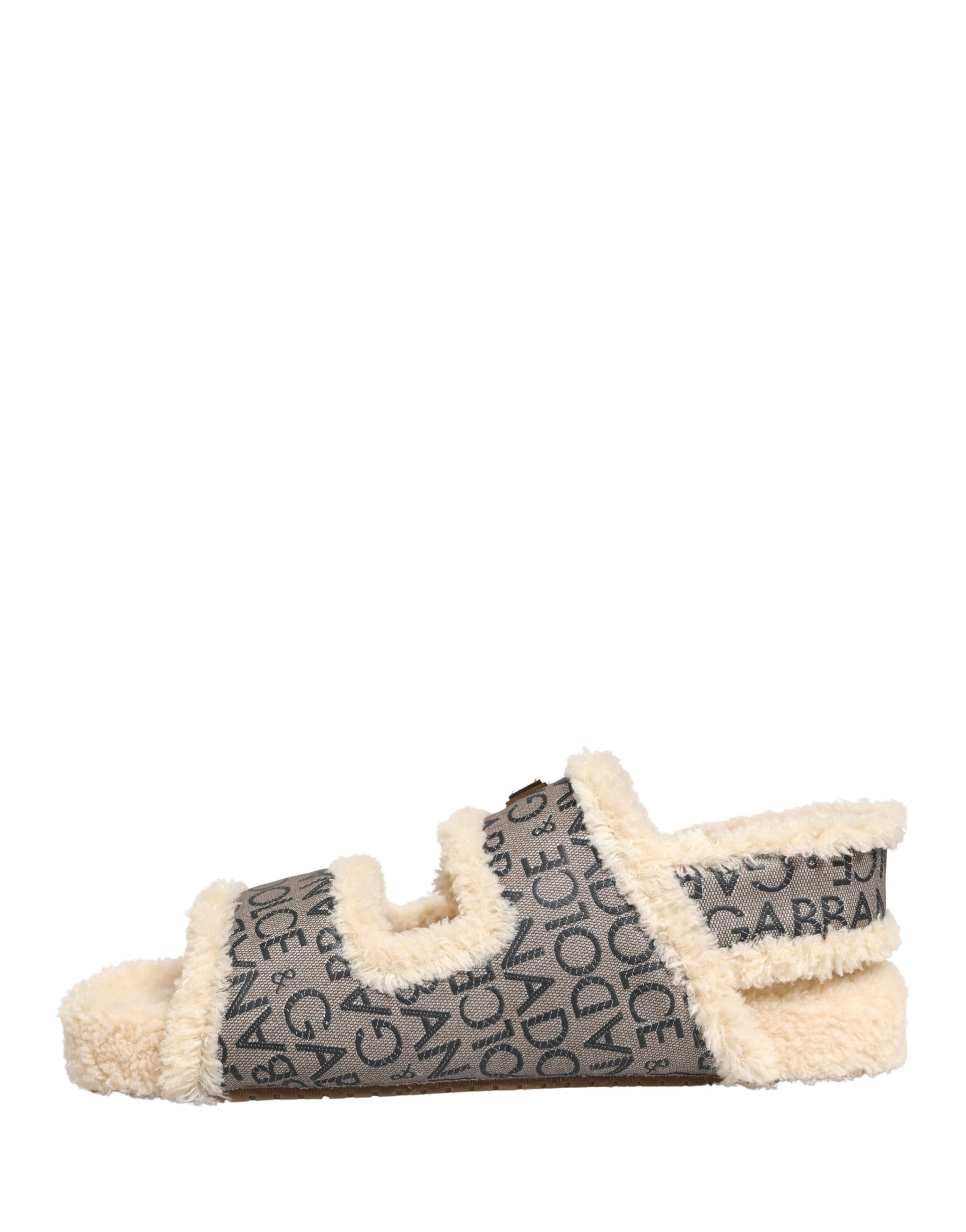 Dolce & Gabbana Beige Faux Fur Logo Print Flats Sandals Shoes | Regal Royce