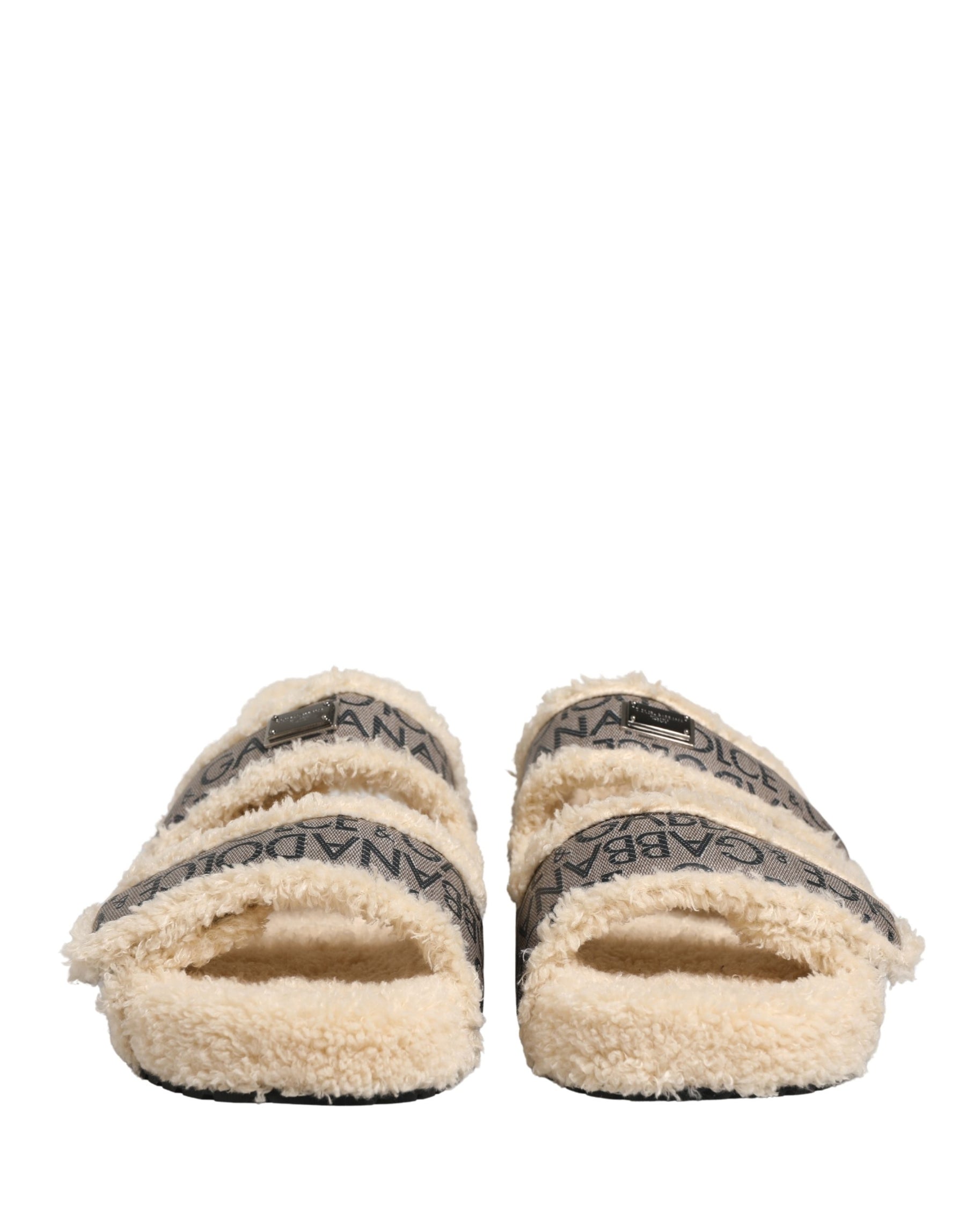 Dolce & Gabbana Beige Faux Fur Logo Print Flats Sandals Shoes | Regal Royce