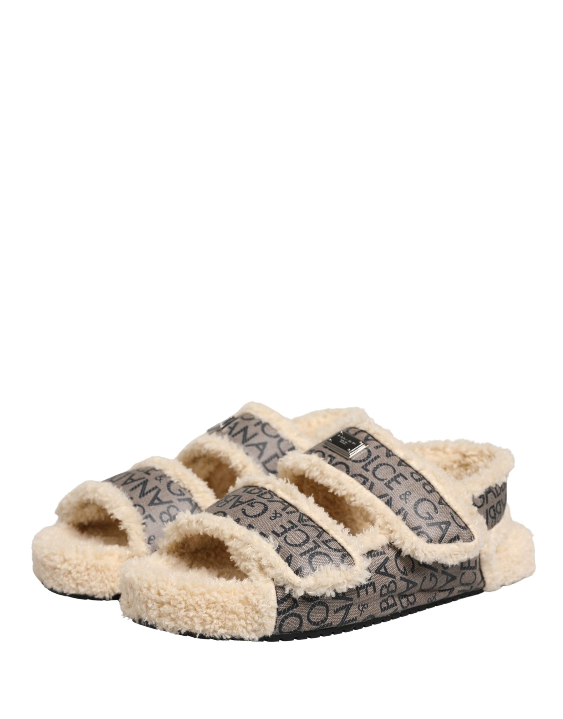 Dolce & Gabbana Beige Faux Fur Logo Print Flats Sandals Shoes | Regal Royce
